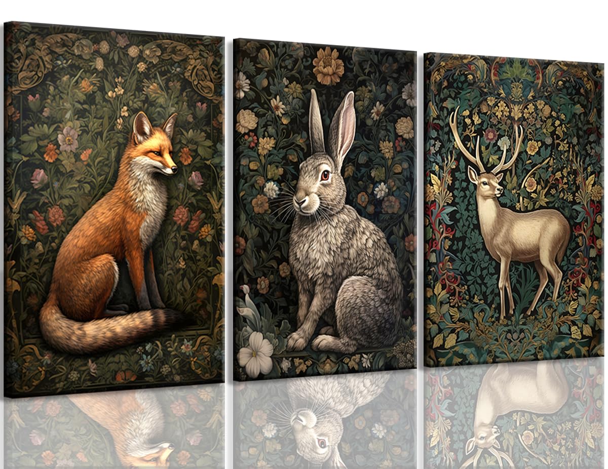 3Pcs Framed William Morris Animal Wall Art Fox Rabbit Sika Deer Canvas Posters Prints Forest Wild Animal Pictures Paintings Goth