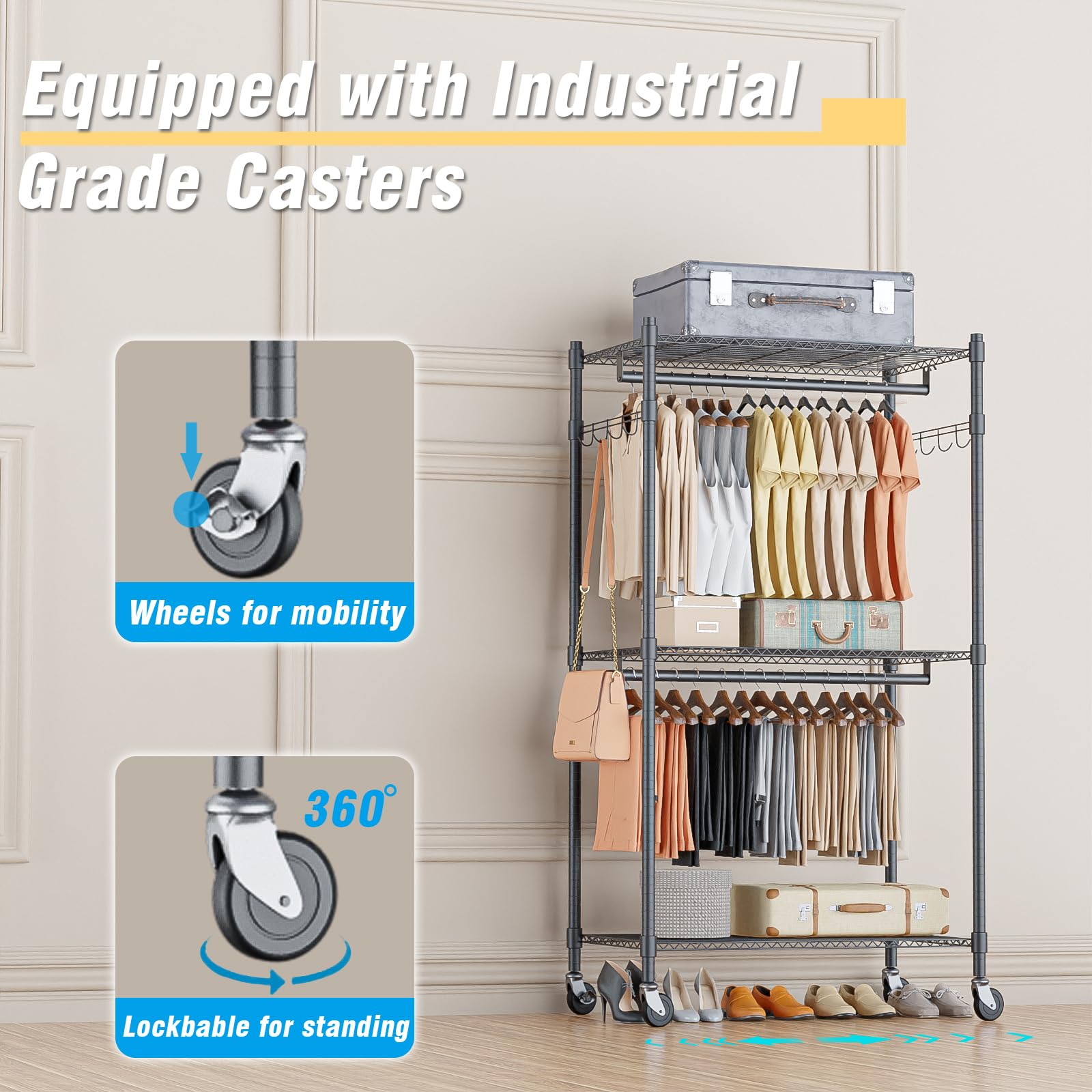 Homdox Garment Rack Heavy Duty, 3 Tier Rolling Clothing Racks For Hanging Clothes, Metal Wardrobe Closet, Free-Standing Clothes