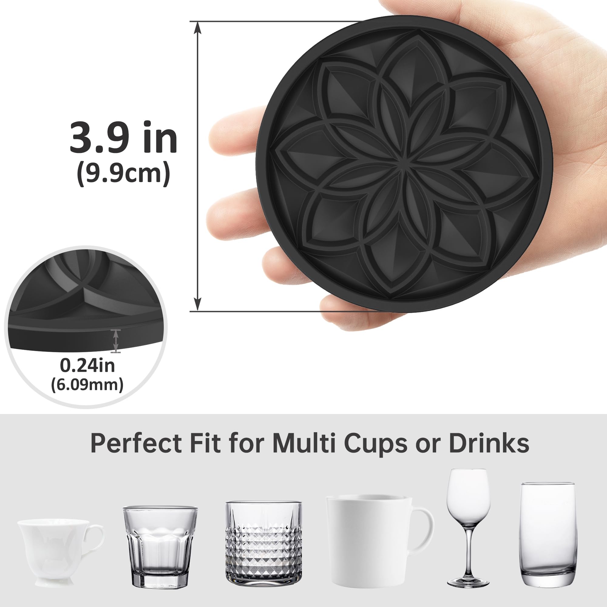 HFHOME Coasters for Drinks 6 Pack Silicone Coasters Set with Holder  Drink Coaster for Coffee Table  Table Cup Mat Desk Coaster for Drinks  Bar Coasters for Home Decor Tabletop Protection Gift - Black