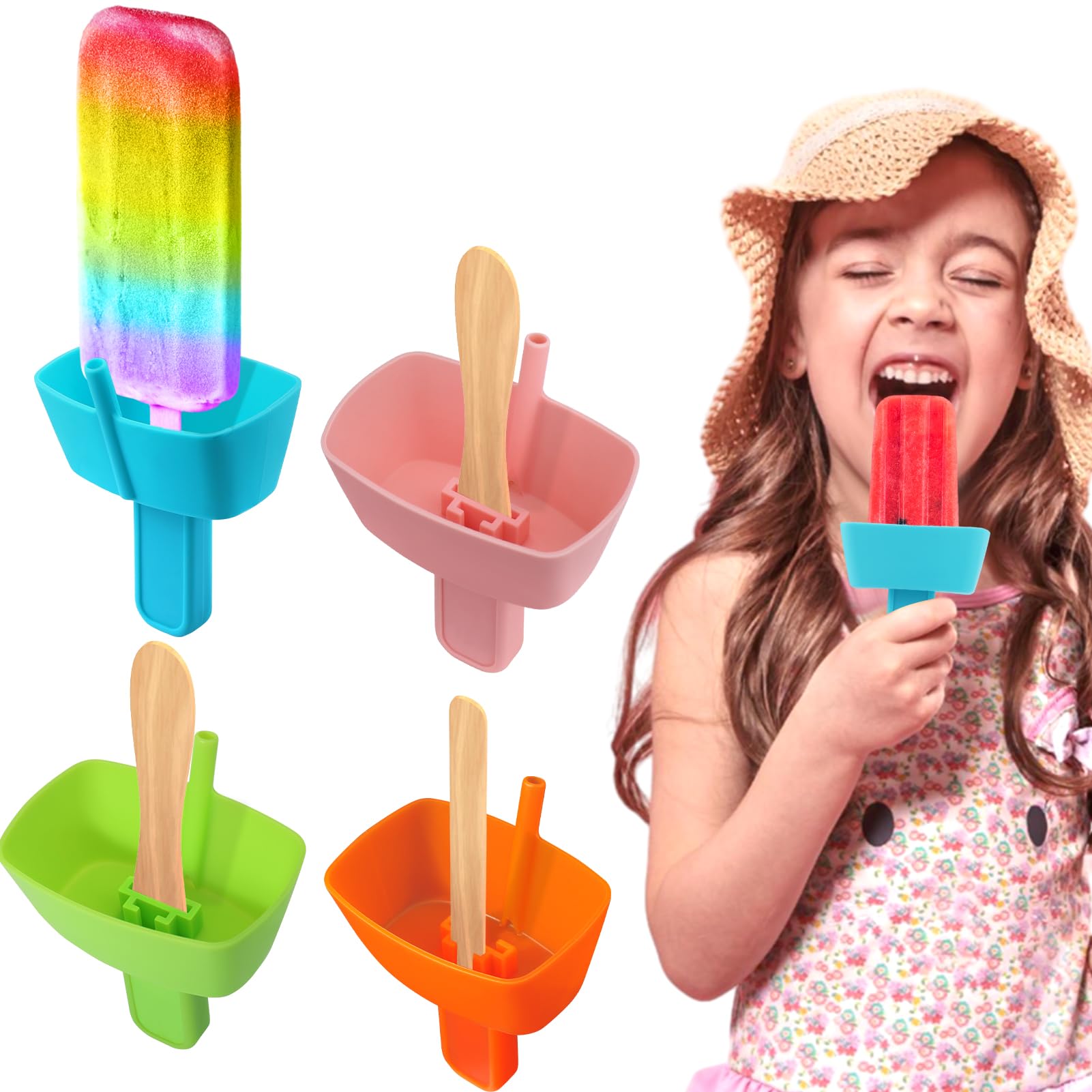 Aiersa 4Pcs Silicone Popsicle Holders For Kids No Drip, Reusable Mess Free Ice Pop Stick Holder With Built In Straw For Sucking