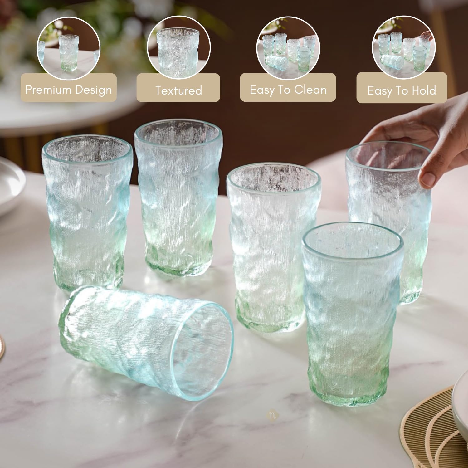 Nestasia Tall Glasses Set of 6, Food-Safe and Lead-Free Tumbler, Ombre Glacier Tempered Glassware, 350ml each