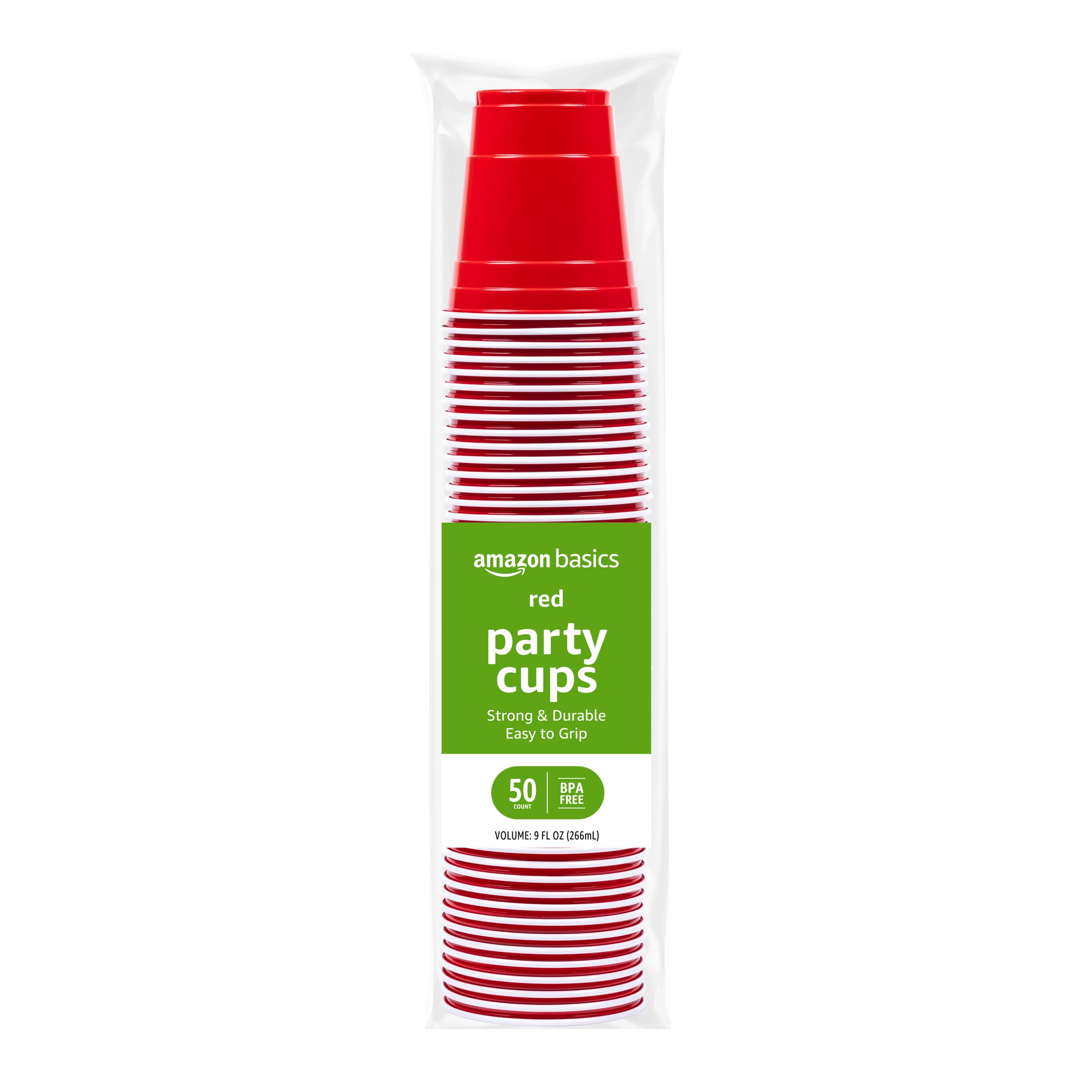 Amazon Basics Disposable Plastic Party Cups, Red, 9Oz, 50 Count