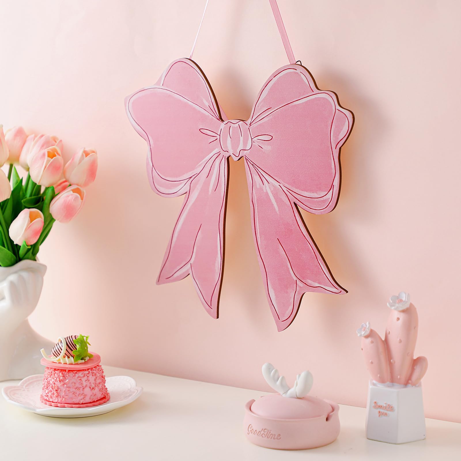 RattanView Pink Bow Wooden Hanging Sign Coquette Bow Wall Hanging Hanger Cute Preppy Wall Art Bowknot Welcome Door Sign Girly De