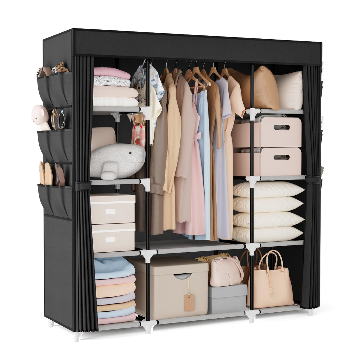 Vtrin Portable Closet Wardrobe For Hanging Clothes 57.3 Inch Large Capacity Clothes Rack With Cover, 10 Storage Organizer Shelve