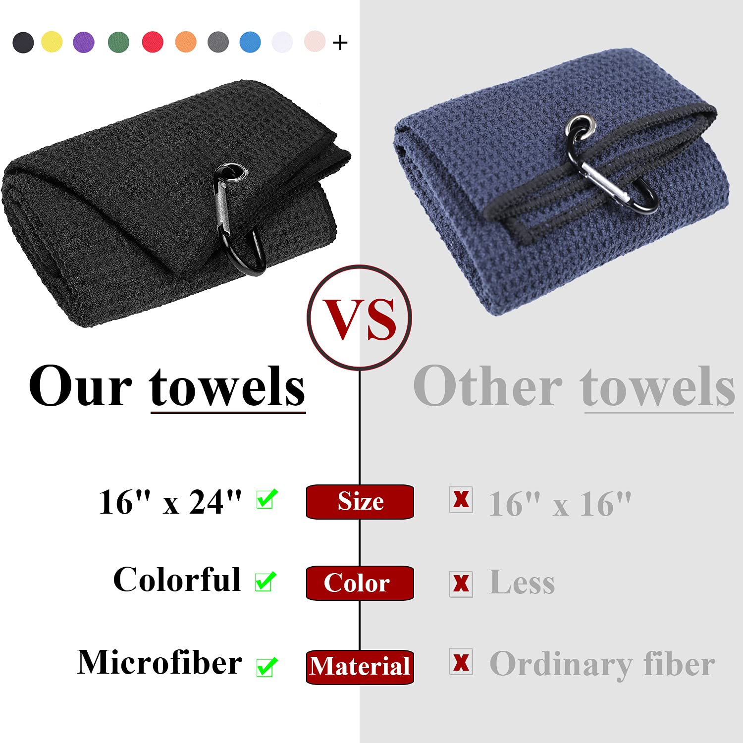 Vividly 2 Pack 16'' X 24'' Tri-Fold Golf Towels, Premium Microfiber Fabric Waffle Pattern With Black Heavy Duty Carabiner Clip,