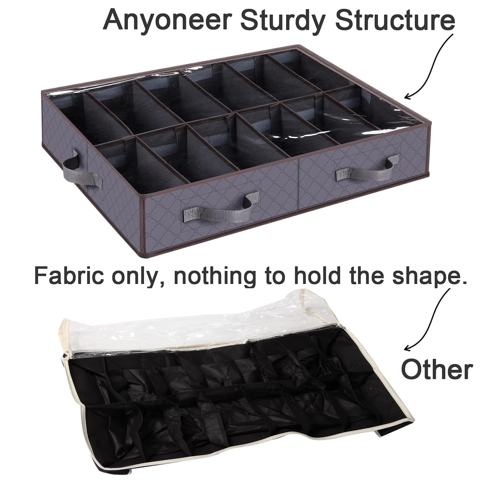 Anyoneer Under Bed Shoe Storage Organizer, Set of 2, Sturdy Structure, Adjustable Dividers, Reinforced Handle, Sturdy Zipper, Un