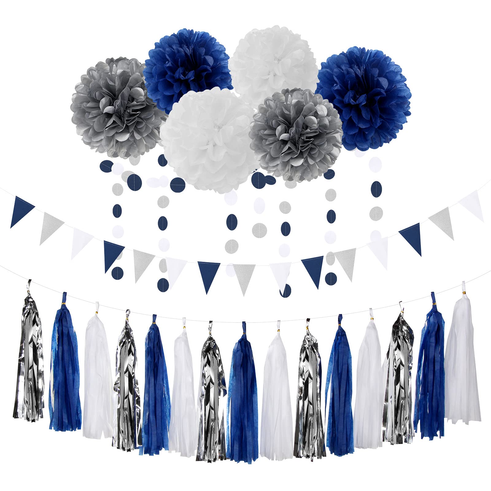 Navy Blue White Silver Party Decorations,23Pcs Kit Graduation 2024 Tissue Paper Pom Poms Streamers,Tassel Garland Banner Flowers