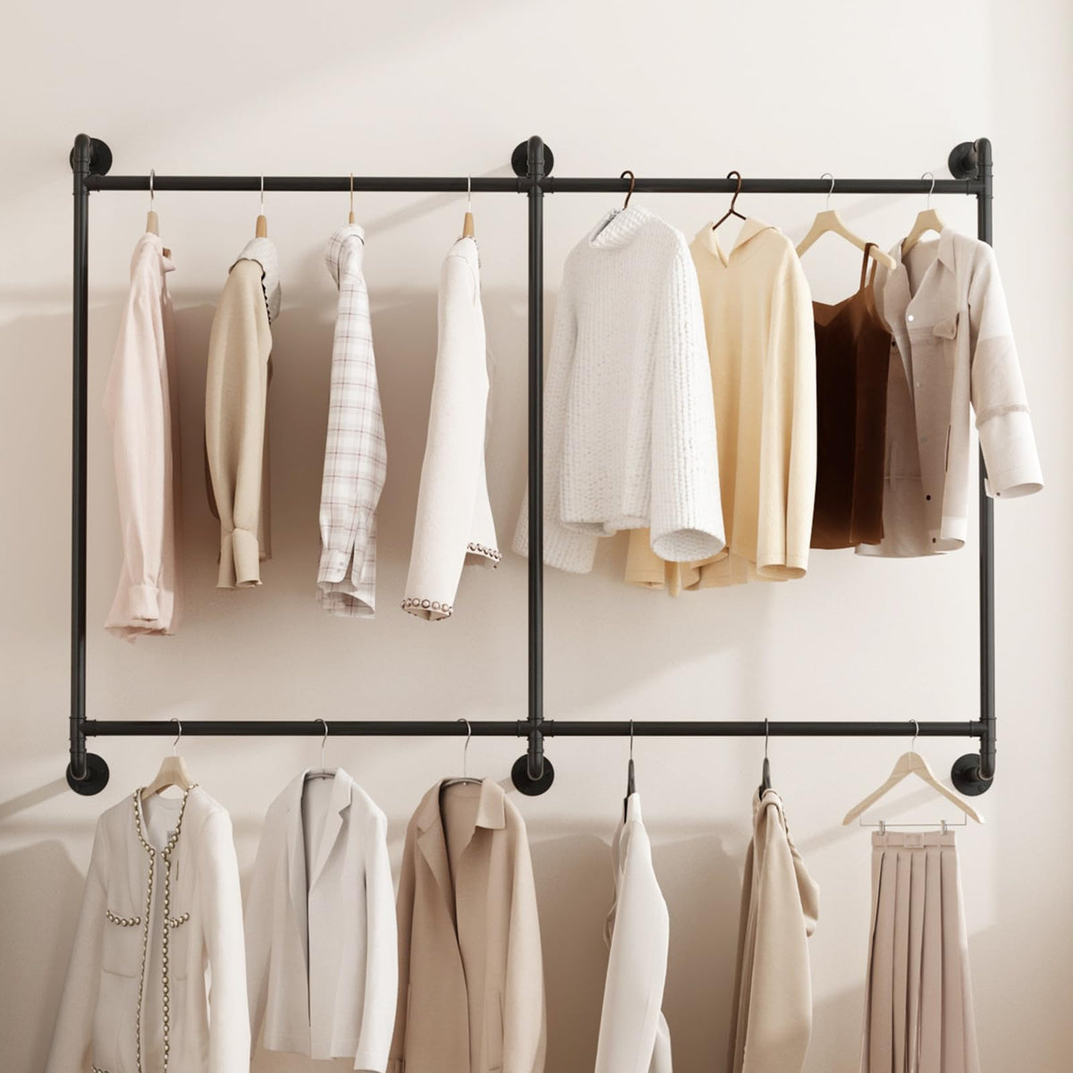 Mairhk Industrial Pipe Clothing Rack Clothing Rack Wall Mounted Clothes Racks For Hanging Clothes Double Rod-2 Tier Black