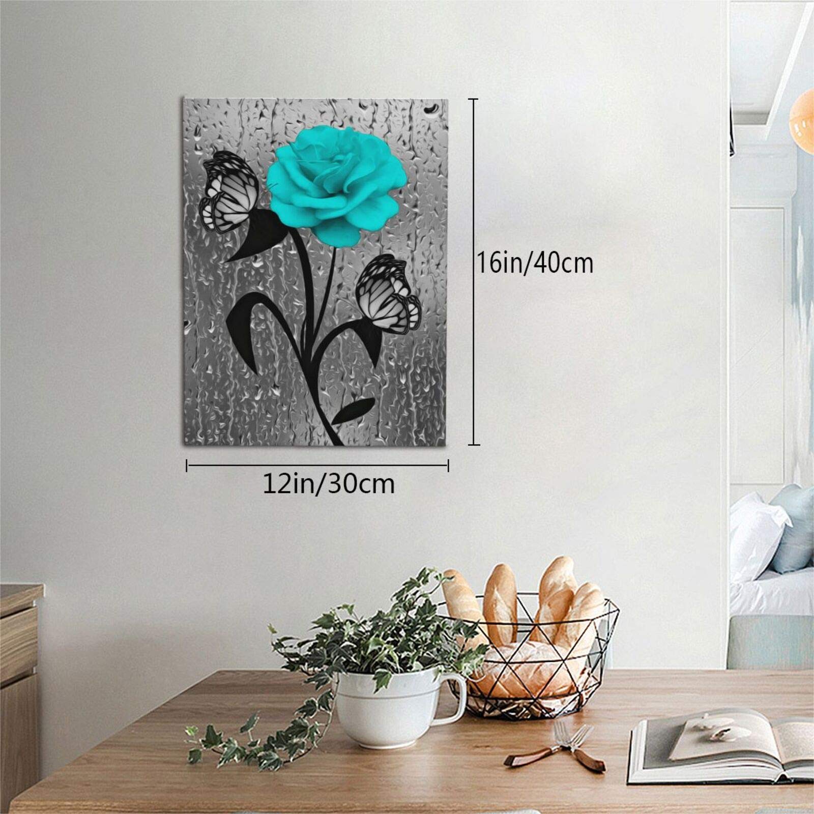 Farmhouse Bathroom Decor Canvas Wall Art Teal Blue Roses Butterfly Picture Wall Decor Black And White Grey Bath Painting Print A