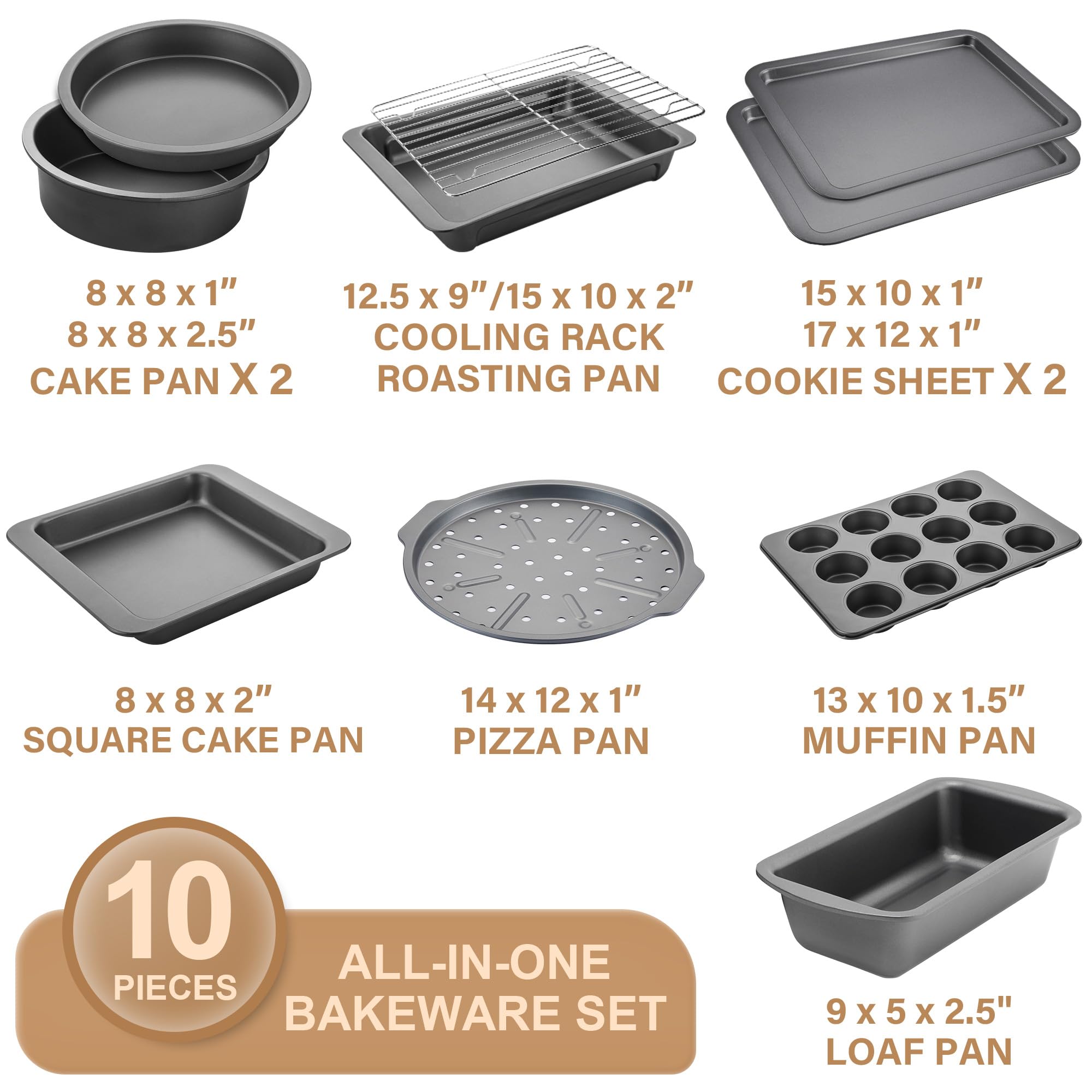Hongbake Bakeware Sets, Baking Pans Set, Nonstick Oven Pan For Kitchen With Wider Grips, 10 Pieces Including Rack, Cookie Sheet,