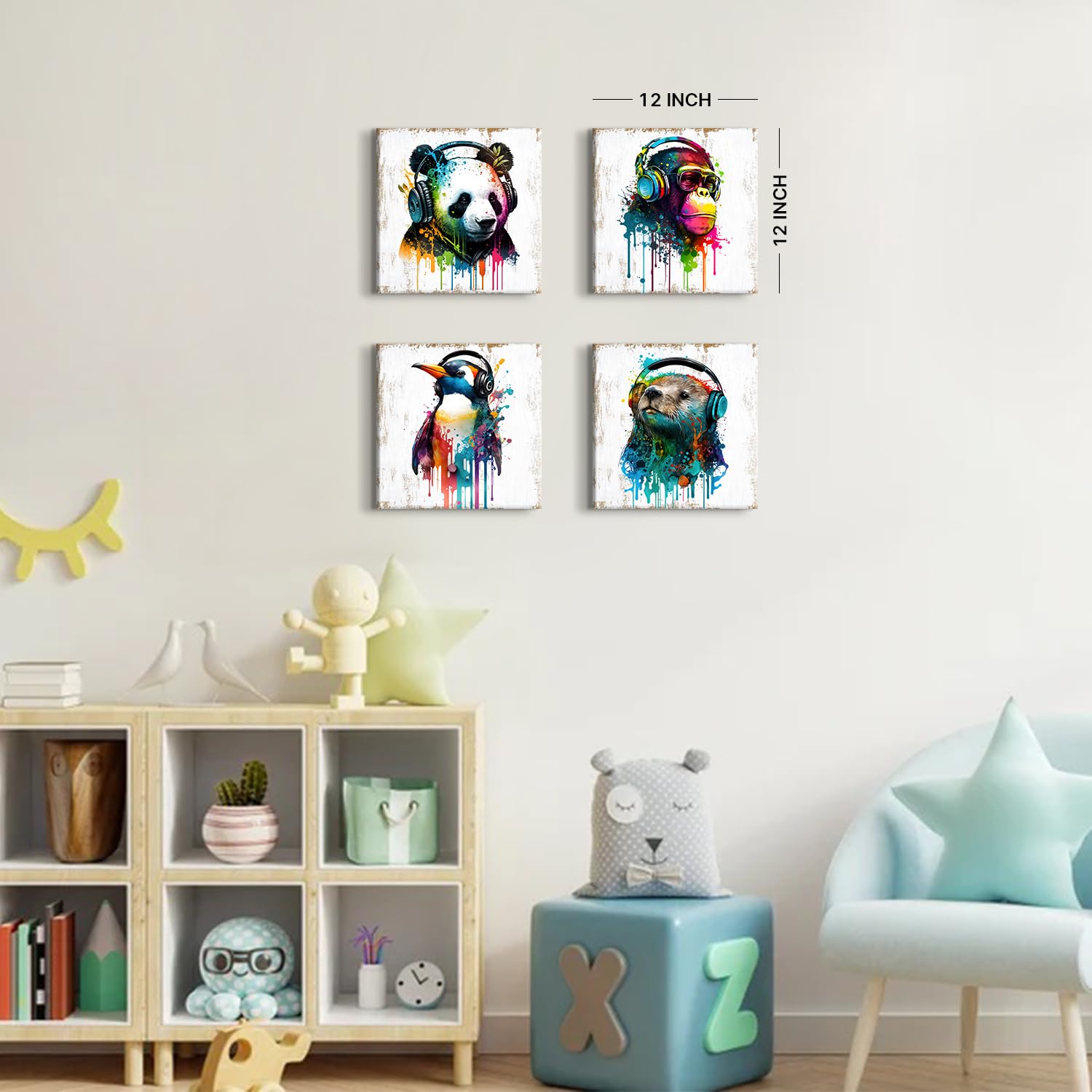 Colorful Animal Wall Art Funny Cute Bear Monkey With Headphone Canvas Prints Pictures Nursery Room Decor Cartoon Penguin Panda P
