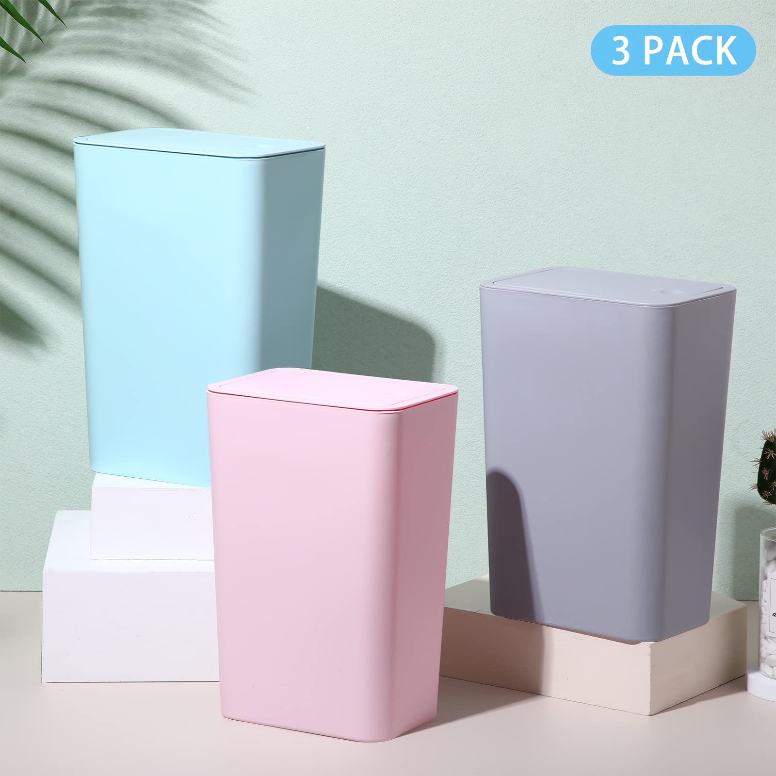 SHPMXUPW 3 Pack Bathroom Small Trash Can with Lid 10L / 2.6 Gallon Slim Garbage Bin Wastebasket with Pop-Up Lid for Bedroom  Office  Kitchen  Craft Room  Fits Under Desk/Cabinet/Sink
