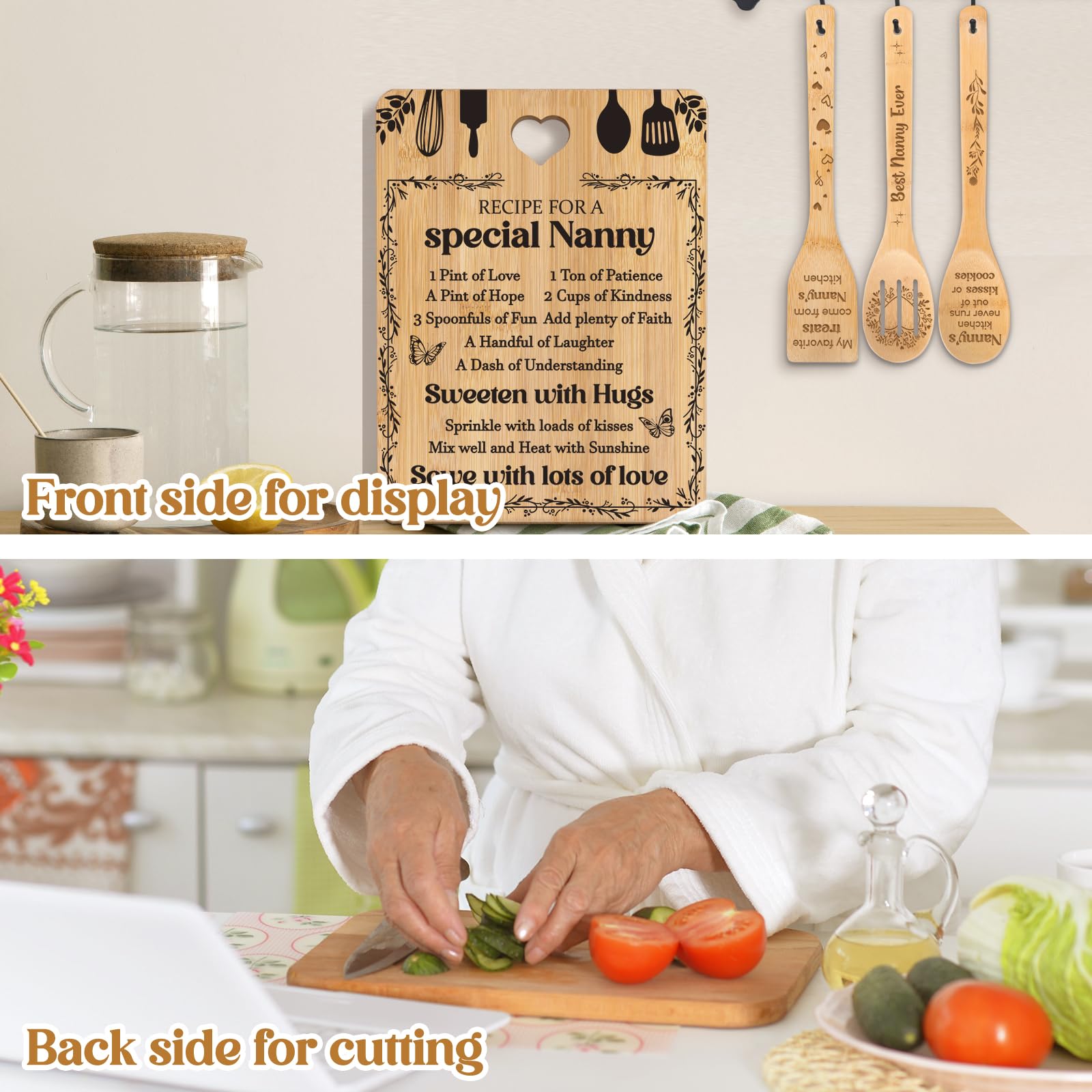 Gifts for Nanny -  Recipe for a Special Nanny  Nanny Gifts Cutting Board Set, Bamboo-Made Engraved Utensil Set Nanny Gifts for G