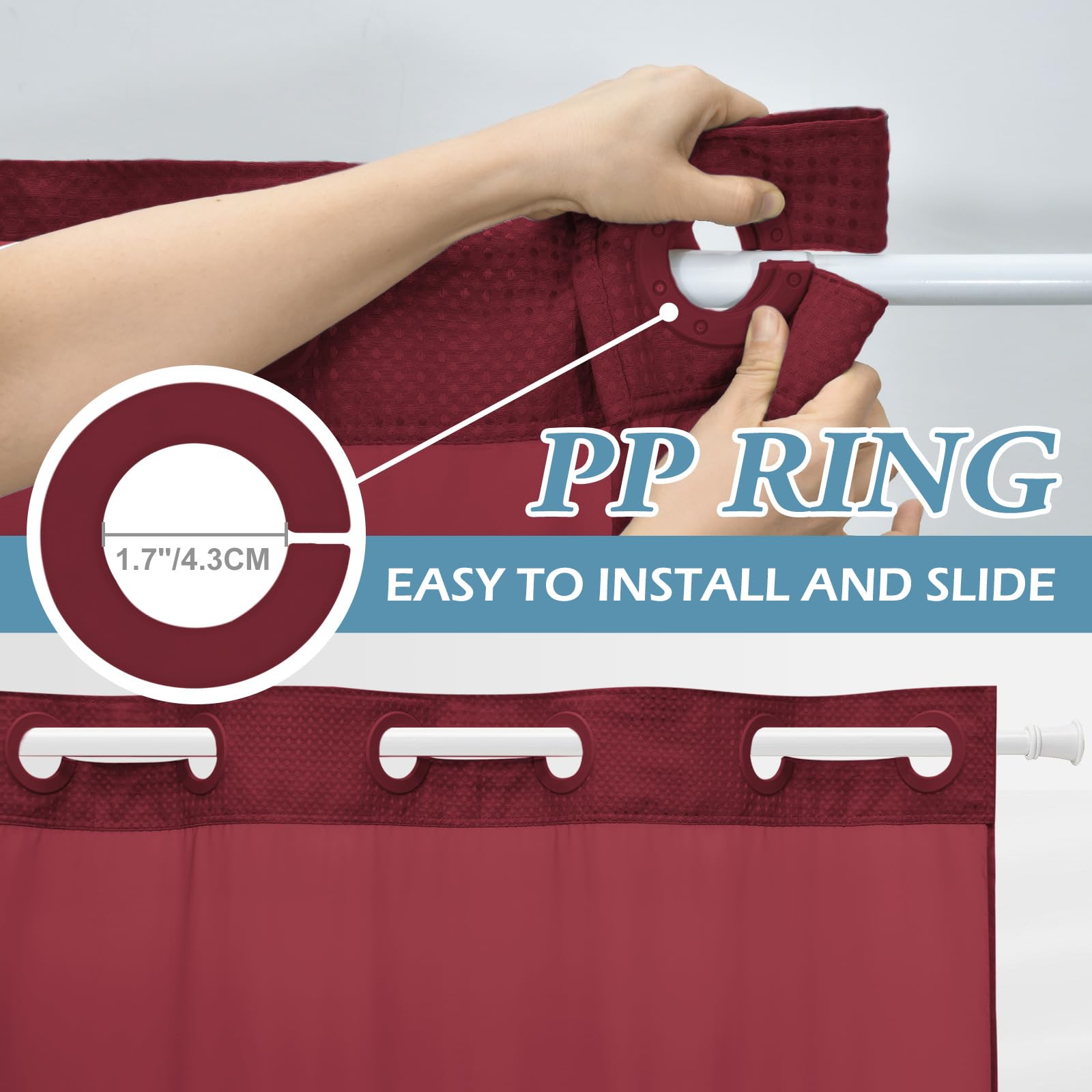 Eutxl Burgundy Long No Hook Shower Curtain With Snap In Liner,230Gsm Waffle Weave Shower Curtains For Bathroom,71W X 86H