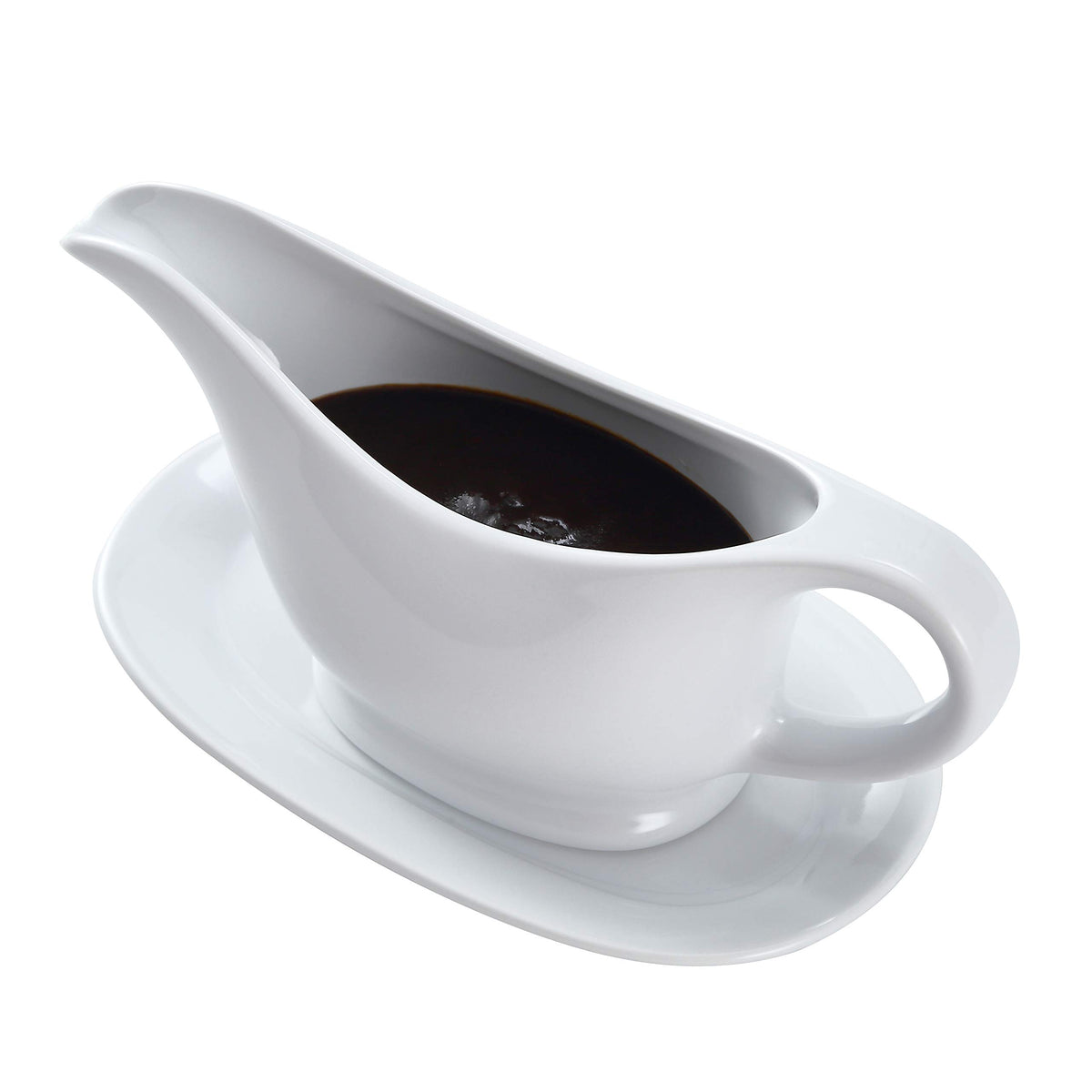 Bruntmor 11 Oz White Ceramic Gravy Boat With Tray, 11 Ounce Small Ceramic Serving Dish, Dispenser With Tray For Sauces, Gravy Bo