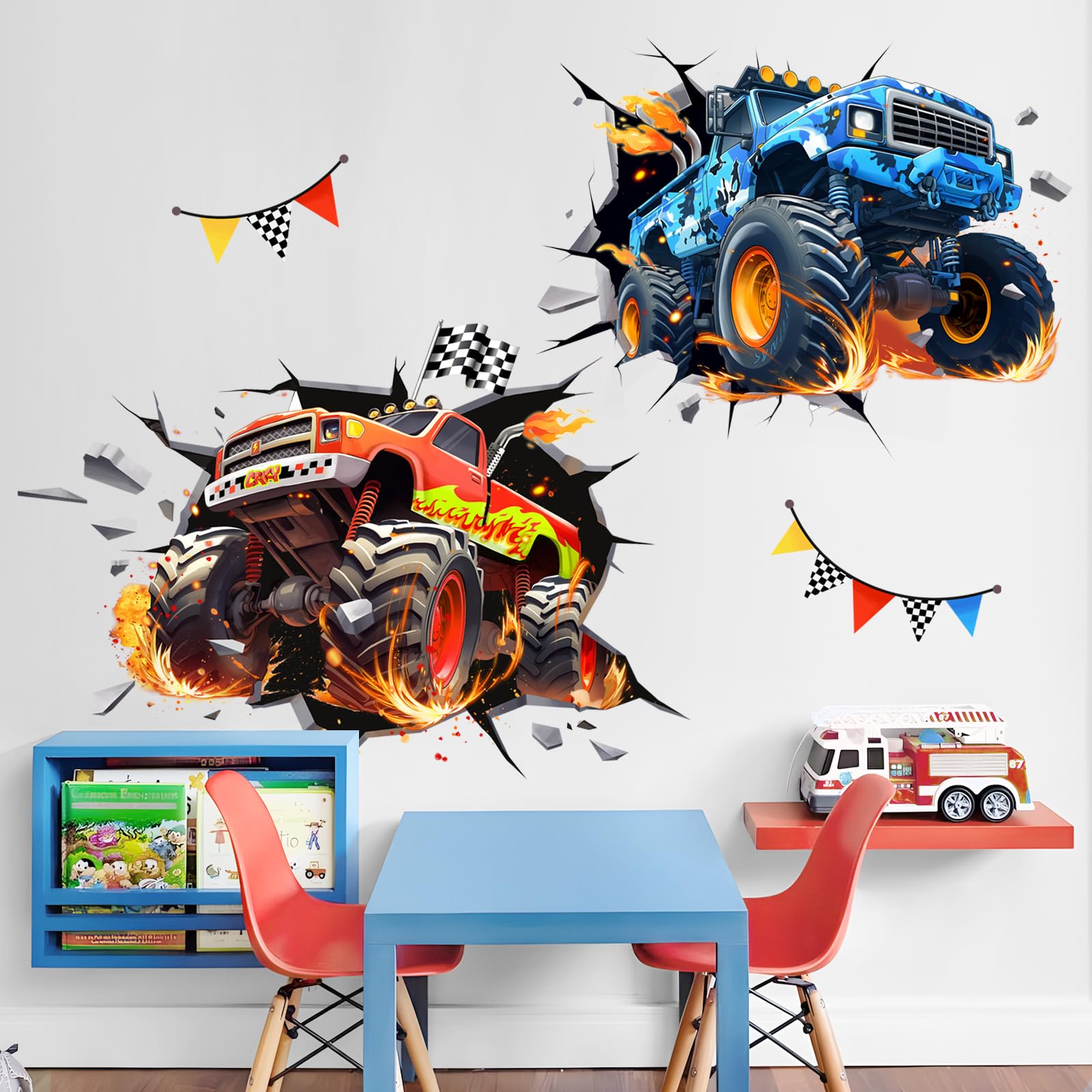 3D Crazy Racing Wall Decals, Truck Vehicles Wall Stickers Ball Games Peel and Stick Decal Self Adhesive Sticker for Boys Kids Ro