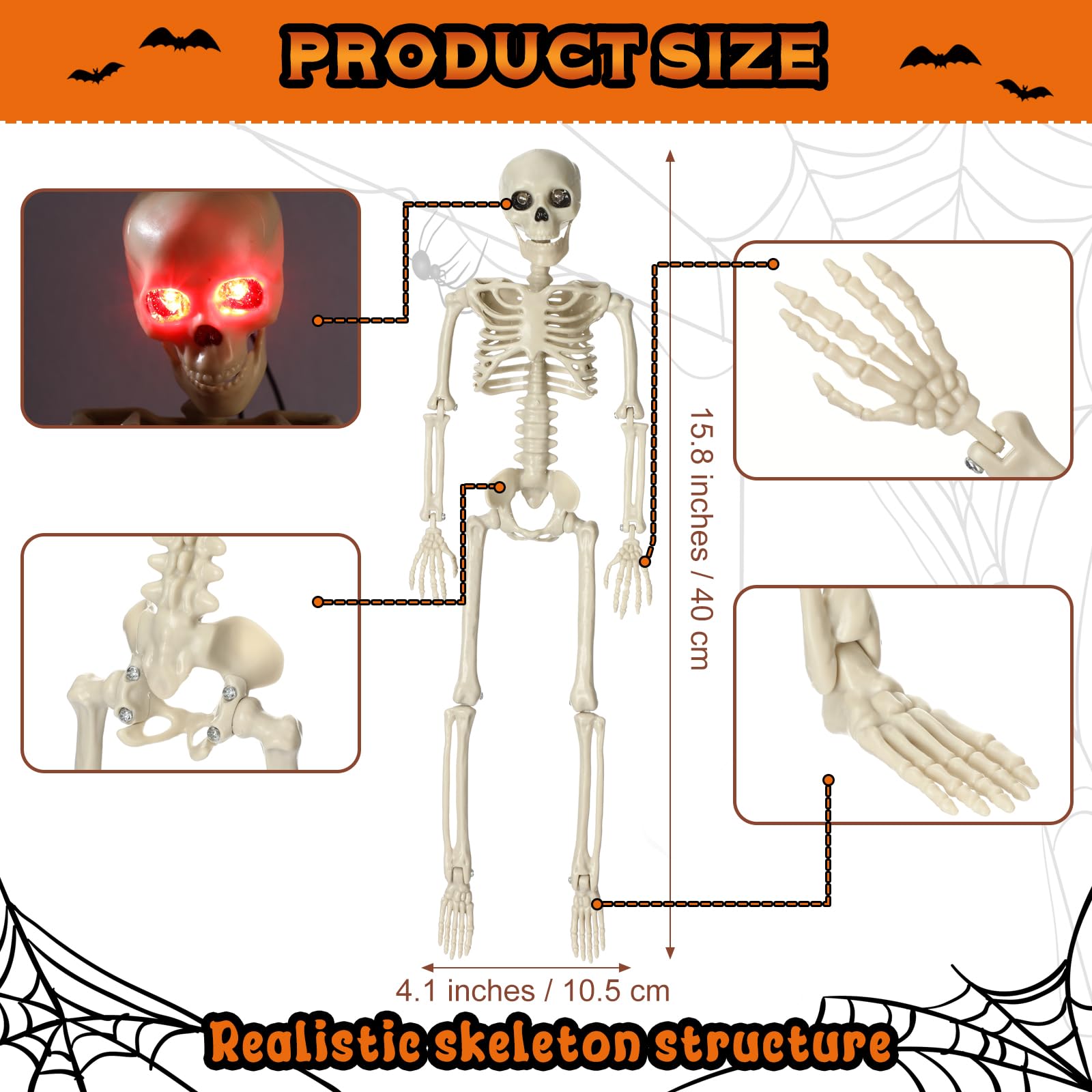 Burbell 16pcs Halloween Skeleton Full Body Posable 16 Small Size Skeleton with LED Glowing Eyes Creepy Sound Realistic Plastic S