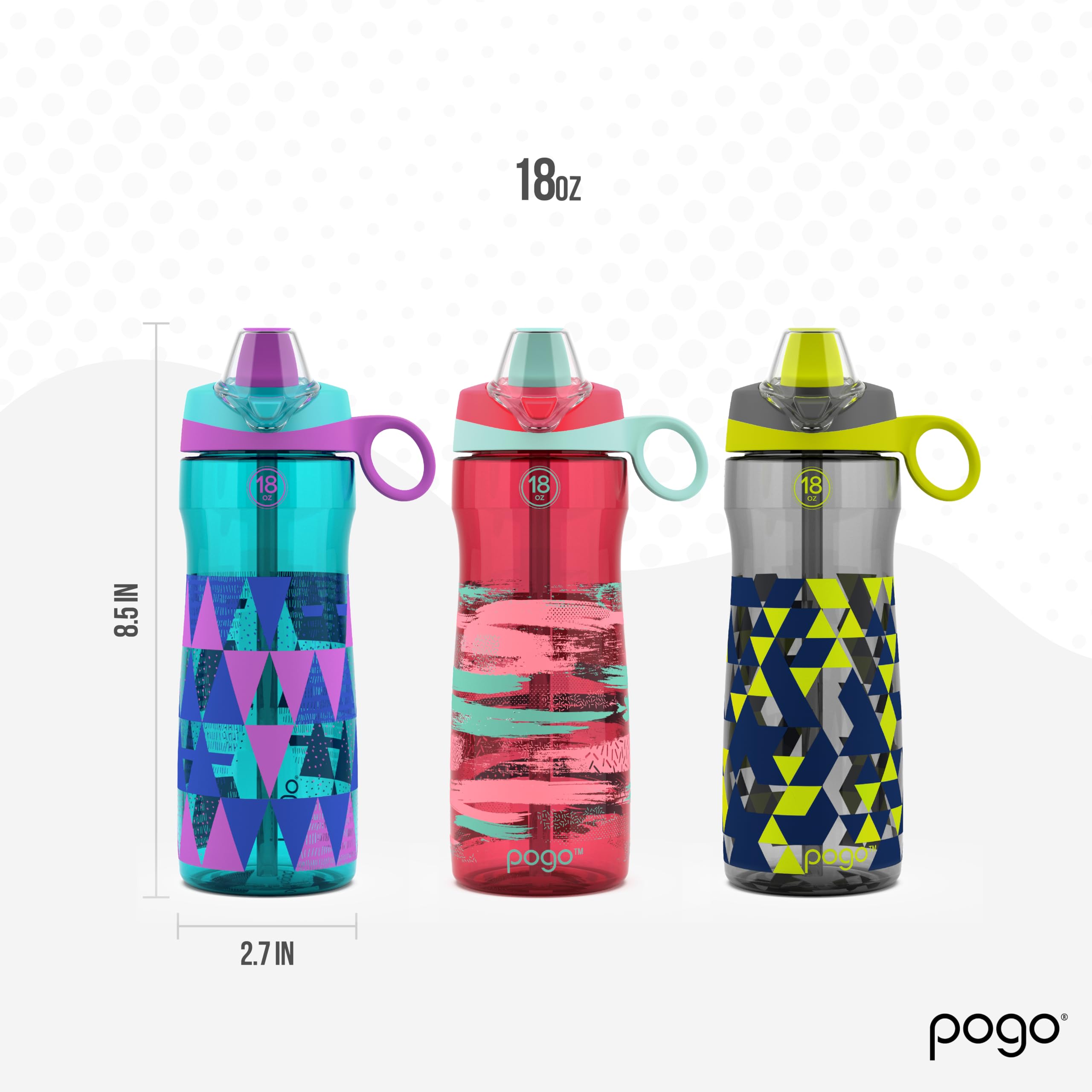 Pogo Bpa-Free Tritan Kids Water Bottle With Silicone Soft Straw, Taffy Triangles, 18 Oz.
