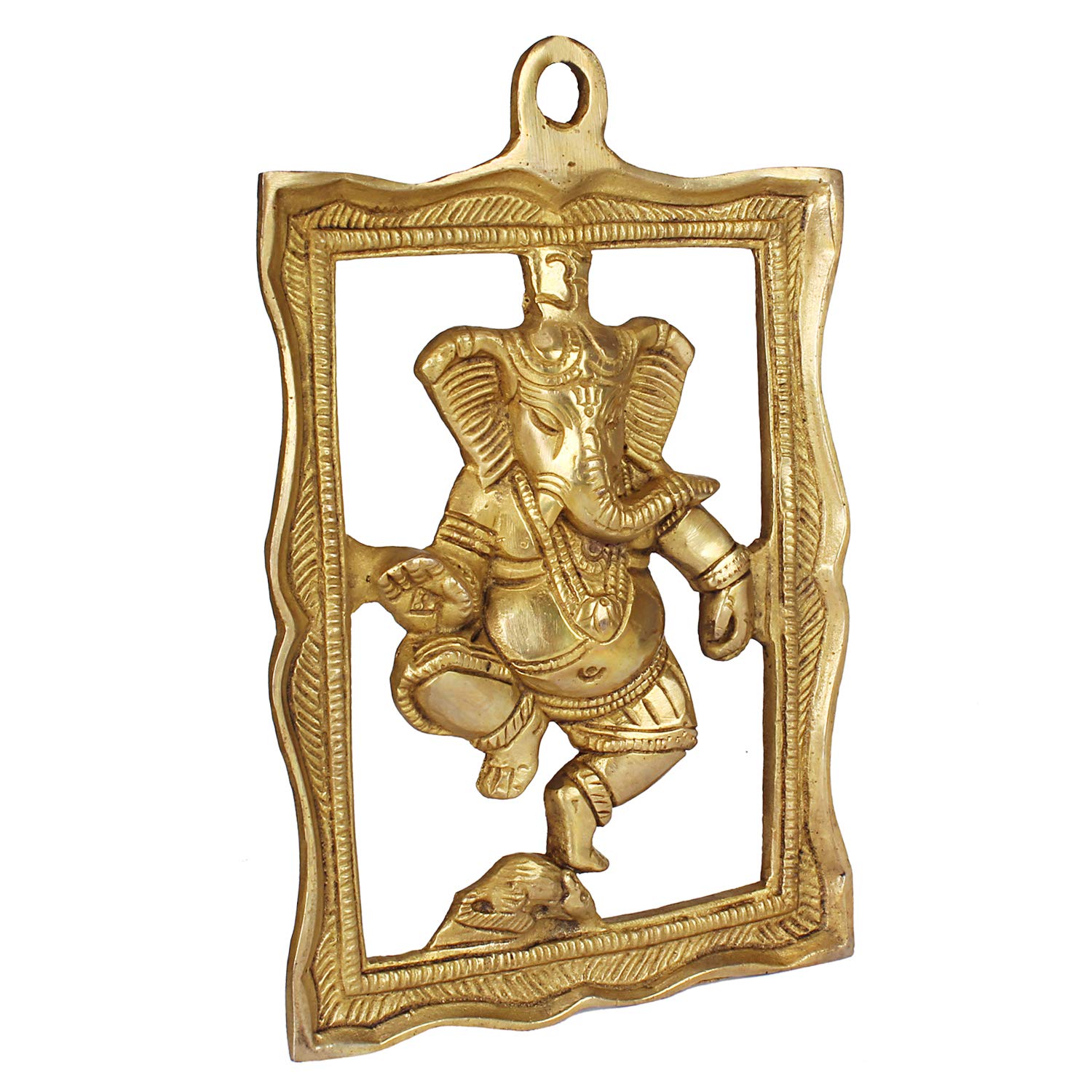 Kartique Ganesha Brass Wall Hanging Idol - Dancing Posture, 9 Inches Tall, Decorative And Auspicious Statue