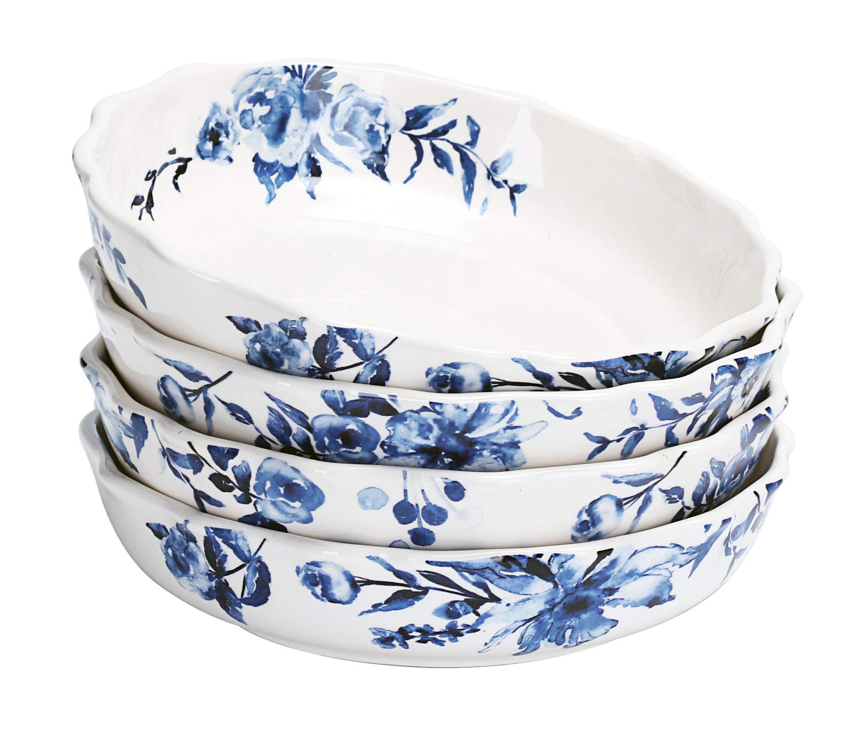 Bico Watercolor Blue Flower Ceramic 32Oz Scalloped Dinner Bowls, Set Of 4, For Pasta, Salad, Cereal, Soup & Microwave & Dishwash