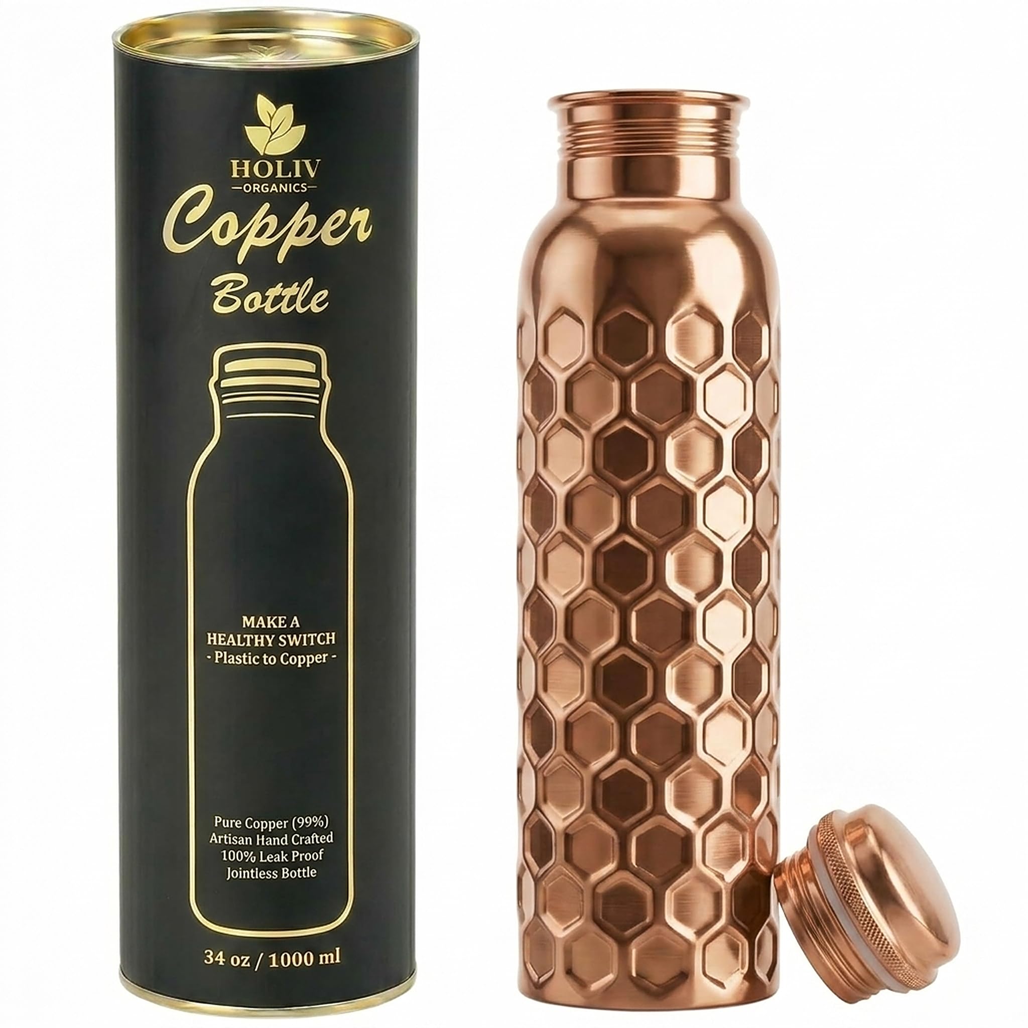 HOLIV ORGANICS 34oz Pure Copper Water Bottle - Handcrafted Hammered Diamond Texture Ayurvedic Vessel for Drinking - Leakproof & 