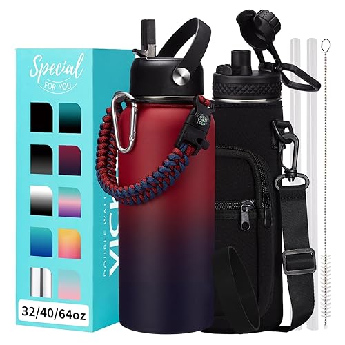 Insulated Water Bottle 32 oz - Straw & Chug Lid  Paracord Handle  Metal Water Bottles Holder with Strap  Water Bottle Boot  Double Wall Vacuum Flask Thermo Flask with Straw Keep Cold 48H Hot 24H