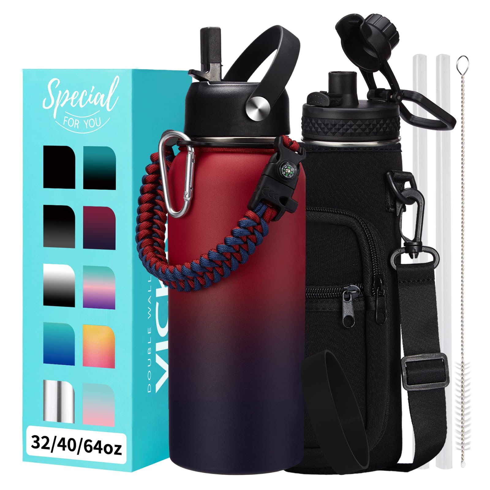 Insulated Water Bottle 32 oz - Straw & Chug Lid  Paracord Handle  Metal Water Bottles Holder with Strap  Water Bottle Boot  Double Wall Vacuum Flask Thermo Flask with Straw Keep Cold 48H Hot 24H
