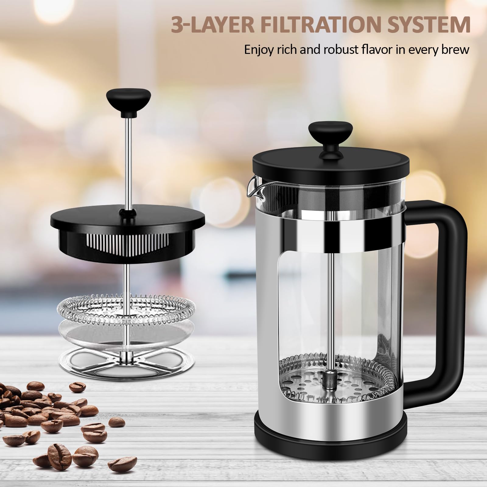 Rainbean French Press Coffee Maker 12 Oz, Mini Coffee Press 1 Cup, Single Serve French Press, With 3 Filterations, Heat Resistan
