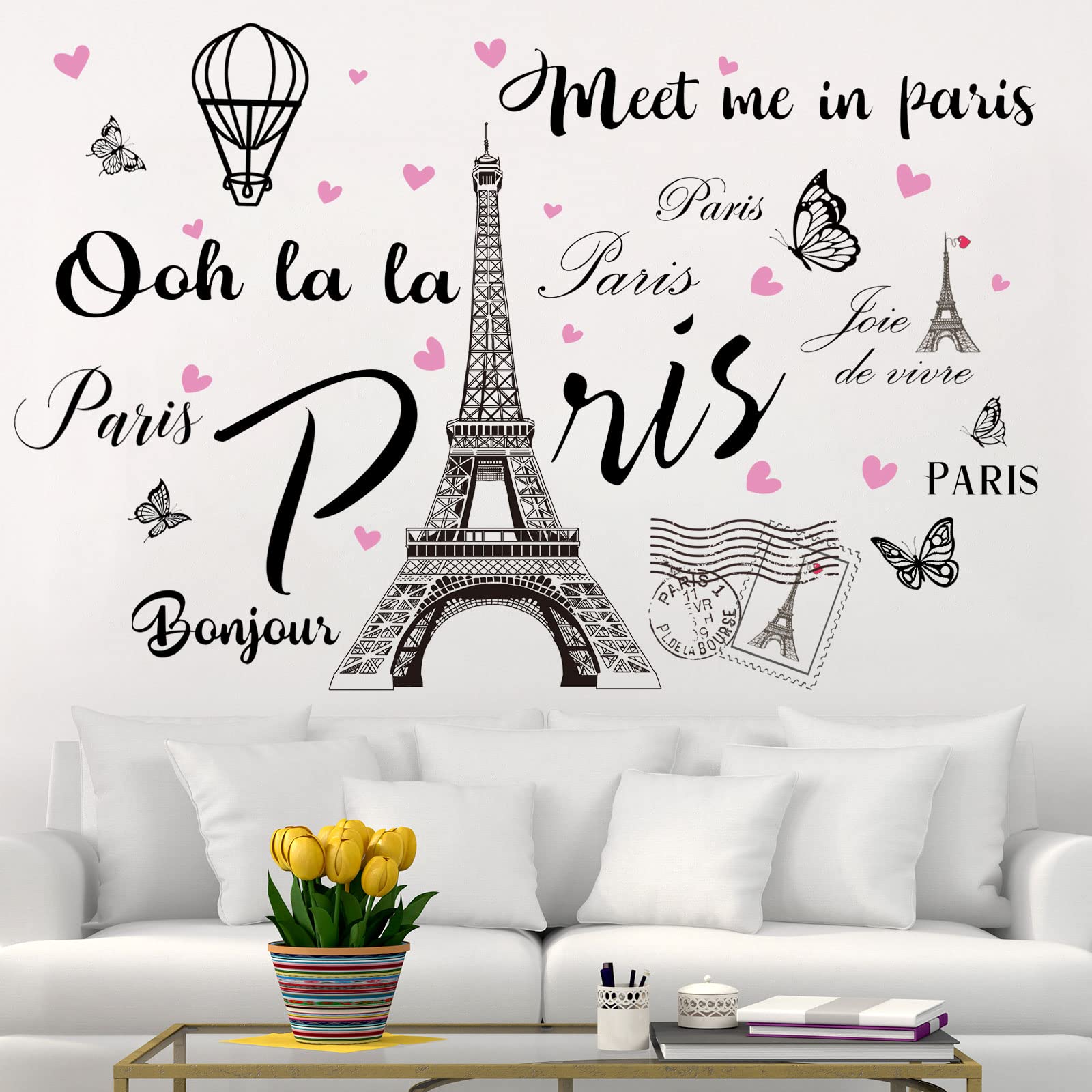 2 Sheets Paris Tower Wall Stickers Paris Eiffel Tower Peel And Stick Wall Decal Removable Balloon Stickers Large Black Paris Tow