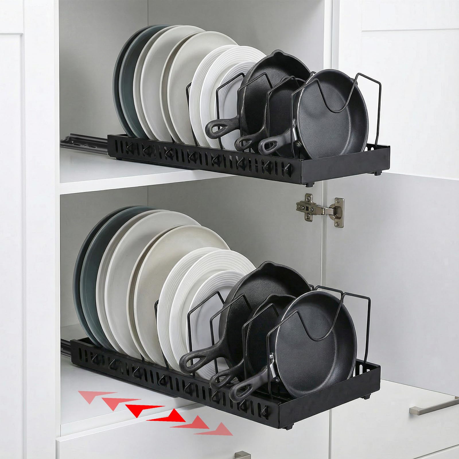 xozeooeu 2 Pack PullOut Pots and Pans Organizer Under Cabinet, SlideOut Pot Lid Holder with 8 Adjustable Dividers, NoDrill Ad