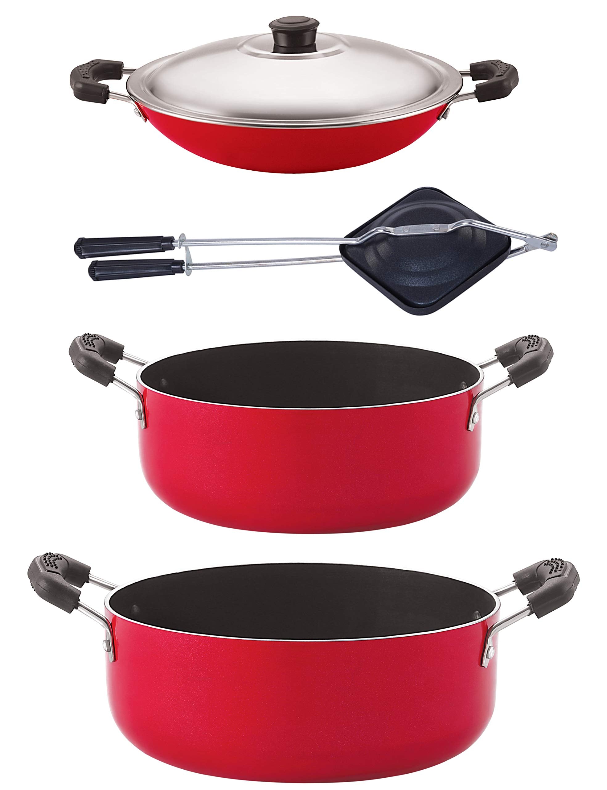 Nirlon Aluminium Nonstick Cookware Set, 4Pieces, Red/Black (Ac_Cs26_Ht_Cs24)