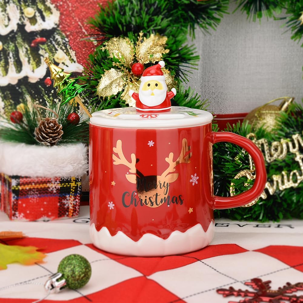 XinHuiGY Christmas Coffee mug,Ceramic Santa Tea Cups with 3D lid and Spoon,14OZ Novelty mugs for Thanksgiving day,Halloween Chri