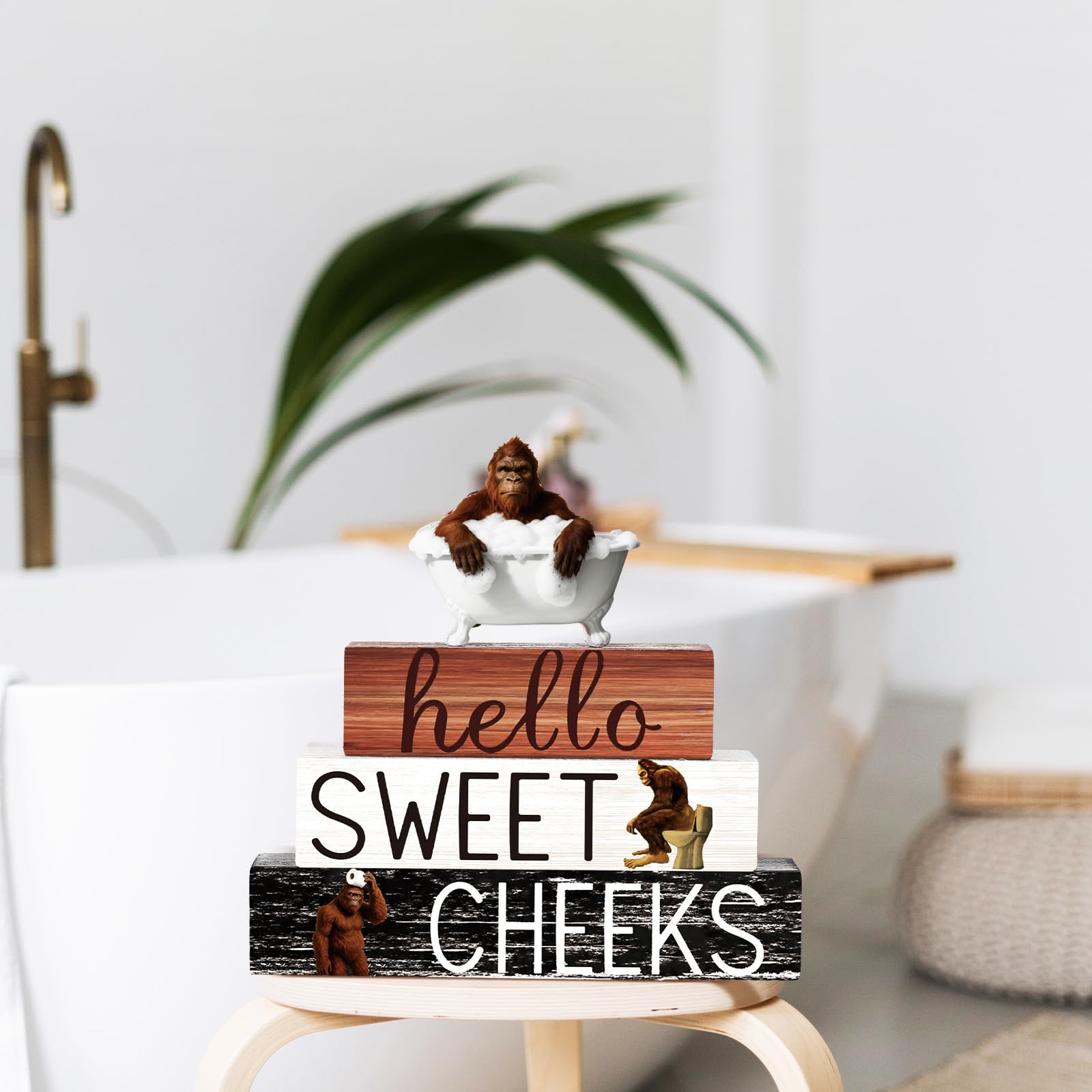 Cinnvoice 4 Pcs Funny Bigfoot Bathroom Decor Farmhouse Sasquatches Bathroom Decoration Western Hello Sweet Cheeks Table Centerpi