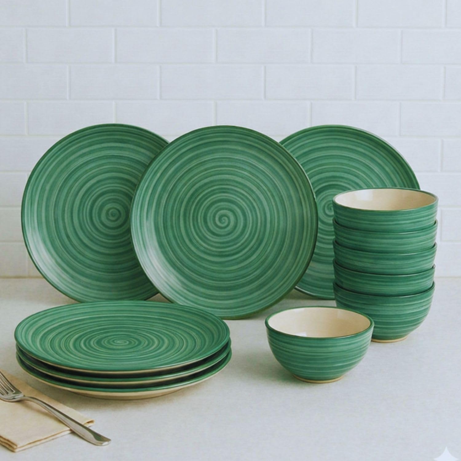Freakway HandPainted Sea Swirls Ceramic Dinner Set Of 12 Pieces | 6 Ceramic Dinner Plate And 6 Bowl/Katori | Bone Ash Free | 