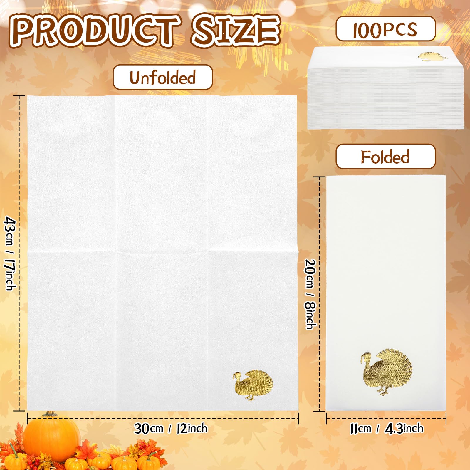Janlaugh 100 Pcs Thanksgiving Linen Napkins Turkey Pattern Disposable Paper Hand Towels Foil Stamped Golden Napkins for Party Lu