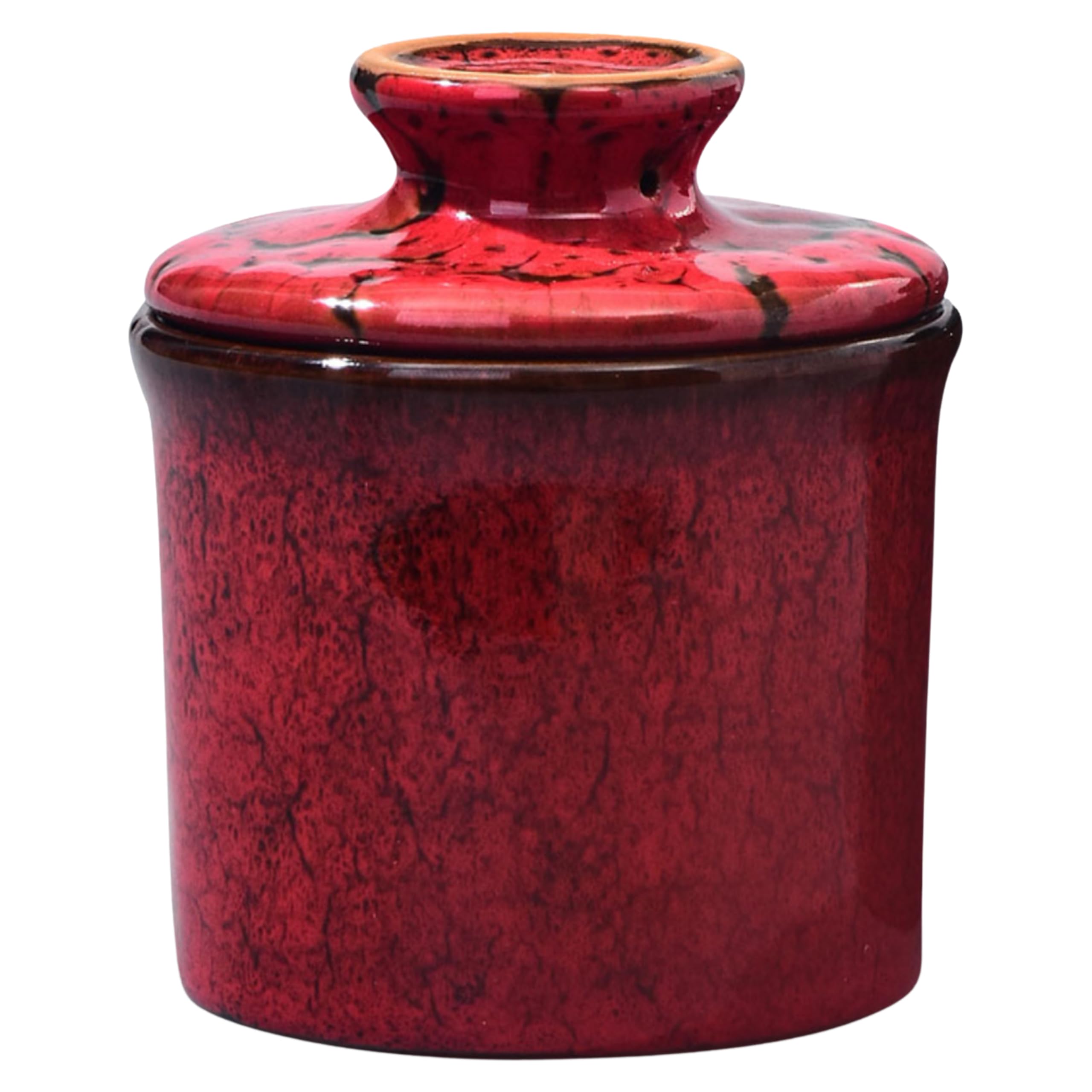 Deep Red Butter Dish with Lid for Countertop, Rustic French Butter Crock with Water Line, Ceramic Butter Keeper Keeps Butter Sof