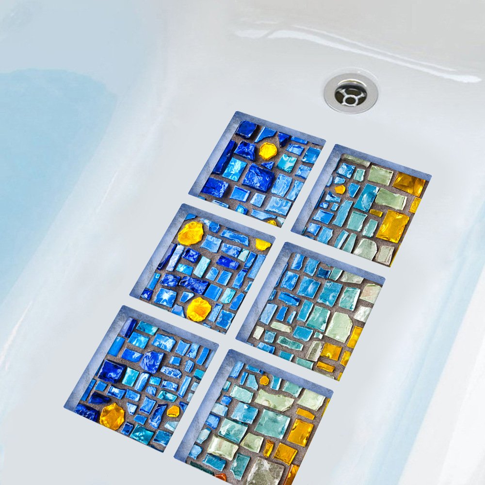 ChezMax 3D Stereoscopic Blue Mosaic DIY Anti Slip Safety Shower Bath Tub Decal Stickers Bathtub Appliques 6 Pcs 5.9 X 5.9