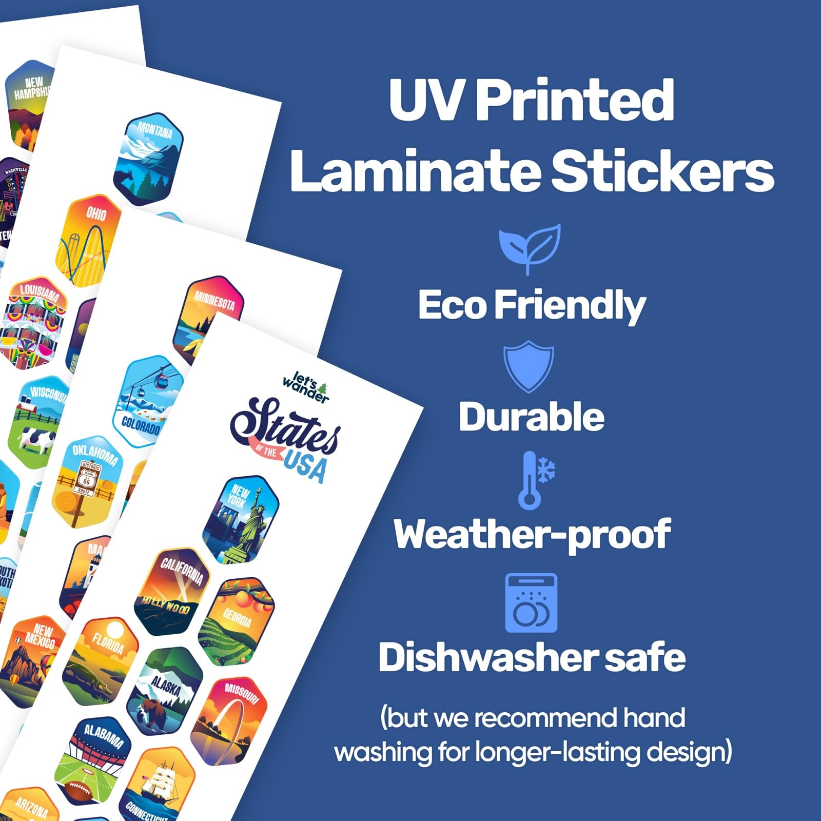 LET S WANDER 50 States Water Bottle with 3 Lids and 50 Waterproof Stickers - 32oz Leakproof Insulated Stainless Steel with Straw