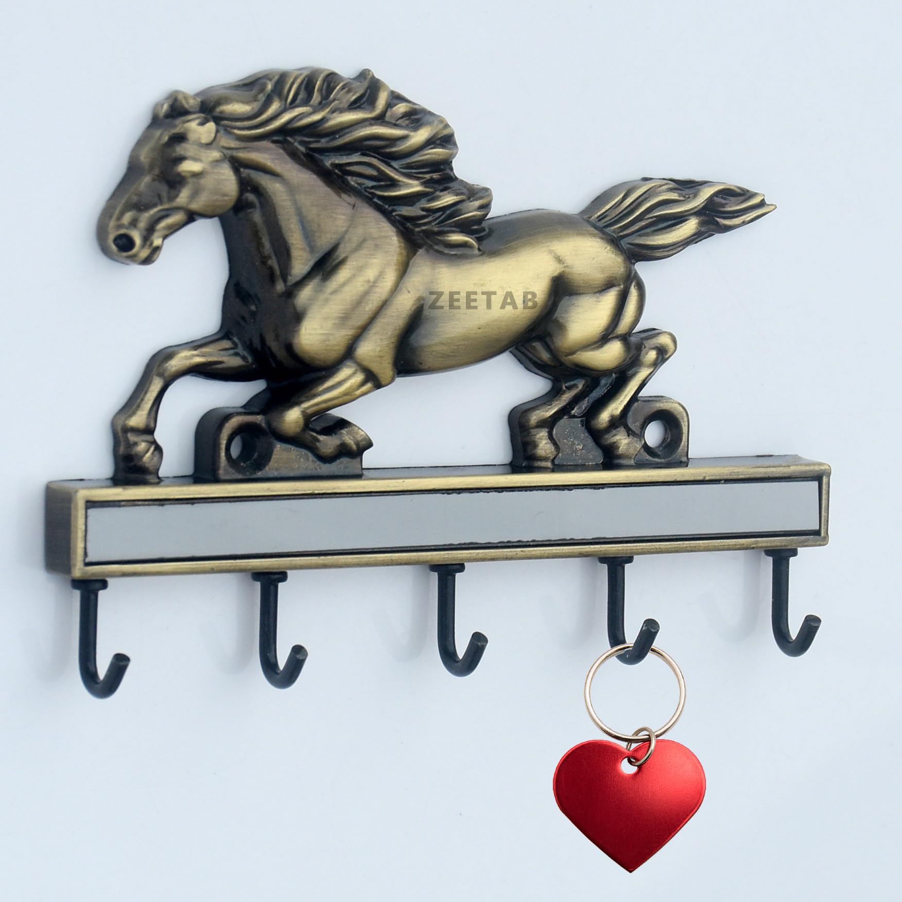 Zeetab Running Horse Key Holder, Full Metal Wall Mount Key Stand & Hanger with 6 Hook, Home Decor Gift (Antique Brass)