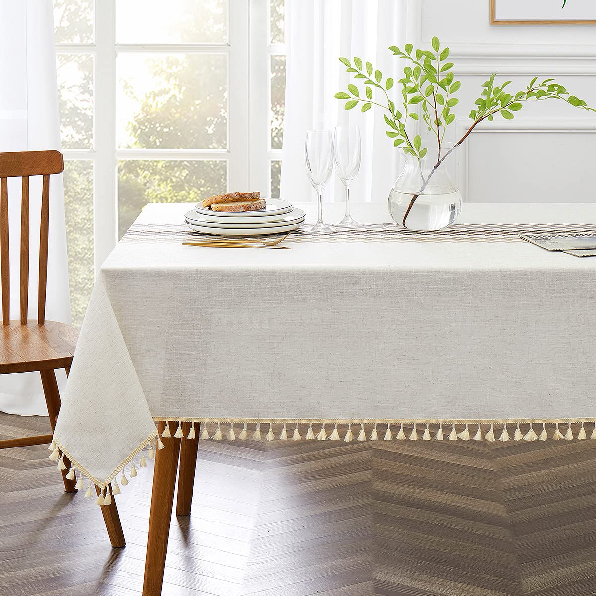 Qianquhui Embroidered Tablecloth For Dining Table,Dust Proof Spillproof Soil Resistant Cotton Linen Rectangle Table Cloths (Coff