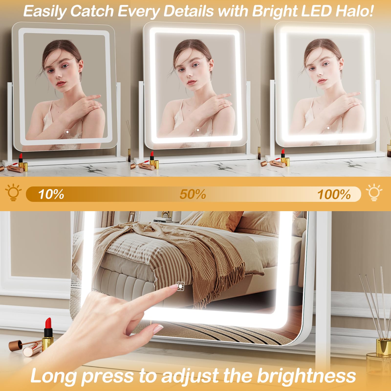 Gvnkvn Makeup Vanity Mirror With Lights 15.2'' Large Led Lighted Mirror, Hollywood Make Up Mirror With Lighting For Bedroom Tabl