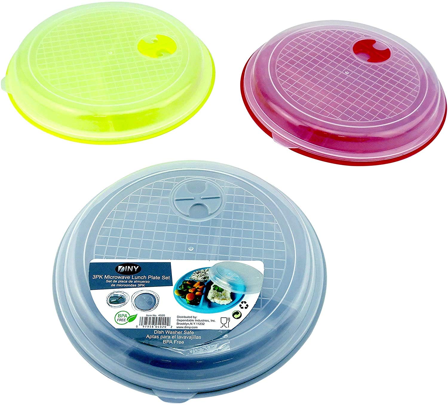 2 Pack - Microwave Food Storage Travel Tray Containers - Portion Control - 3 Section Compartment Divided Plates With Vented Lid