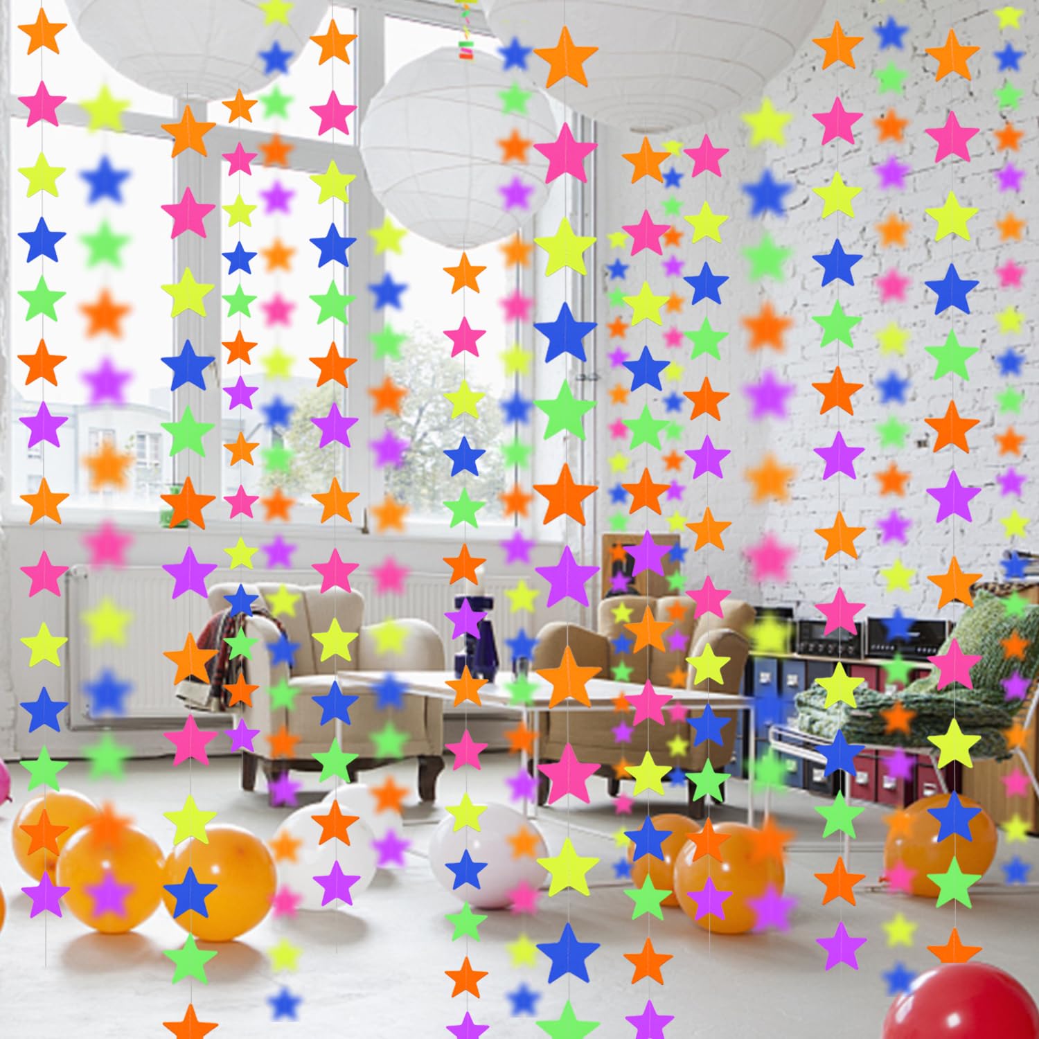 120Feet Uv Star Paper Neon Garland Neon Streamers Black Light Neon Decorations For Dark Glow Party Uv Reactive Neon Party Favors