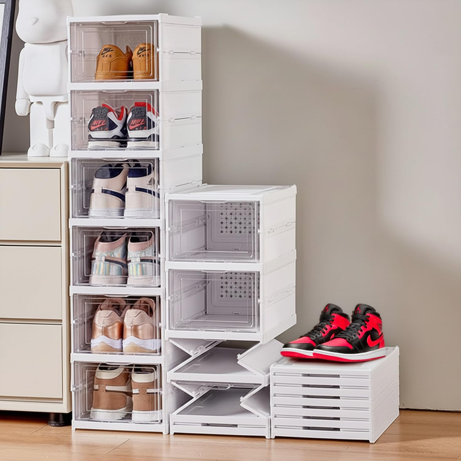 Prettykrafts 6Tier Collapsible Shoe Rack With Door | Heavy Duty Plastic Sneaker Crates | Transparent Shoe Boxes | Sneaker Shoe 
