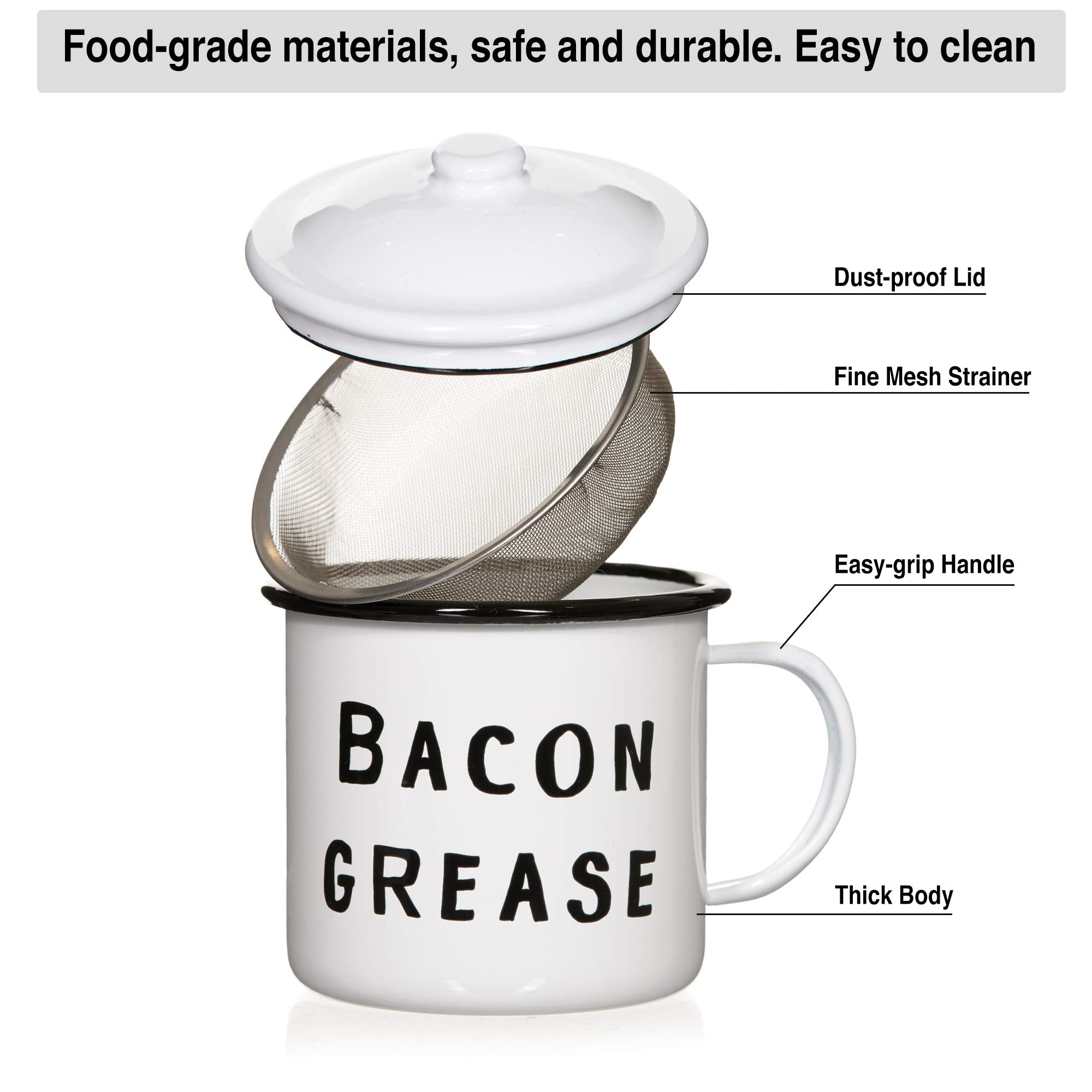Bacon Grease Saver With Strainer - Rustic Mid-Century Modern Farmhouse Design, White Enamel On Metal, 4 Inch X 4 Inch Vintage En