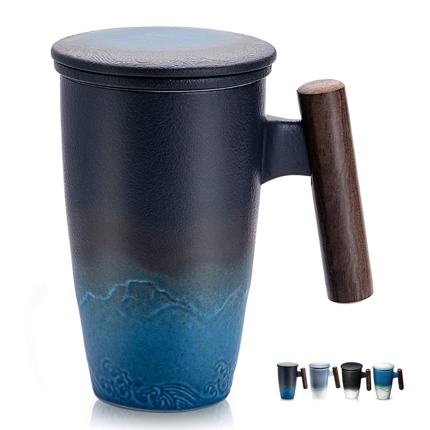 Suyika Tomotime Ceramic Tea Cup With Infuser And Lid Tea Mugs Wooden Handle 400Ml/13.5Oz Black Cyan