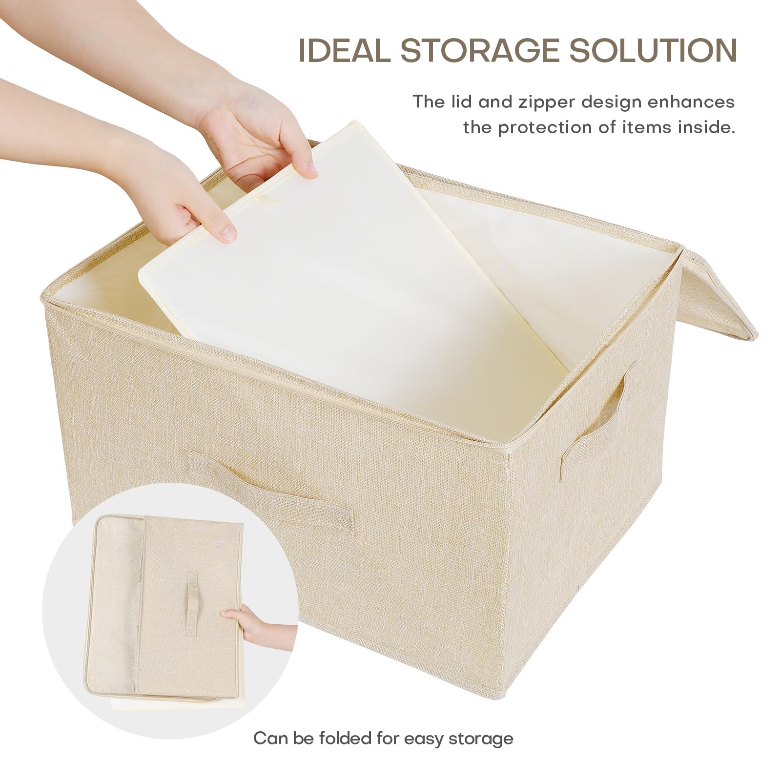 Anminy Storage Bins With Zipper Lid Storage Box With Handles Pp Plastic Board Foldable Lidded Cotton Linen Fabric Home Cubes Bas