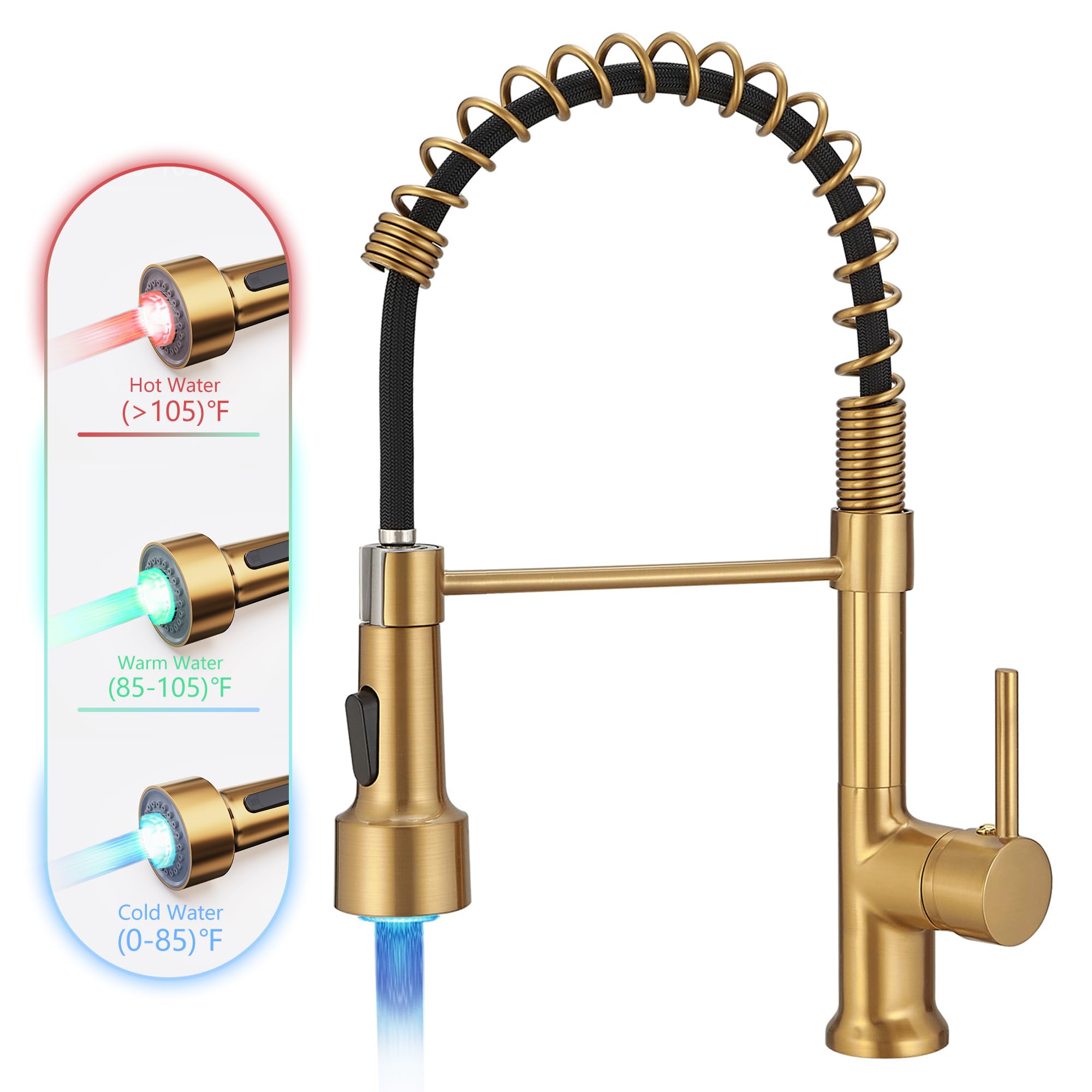 Gimili Brushed Gold Kitchen Faucet With Pull Down Sprayer Single Handle Led Kitchen Sink Faucet