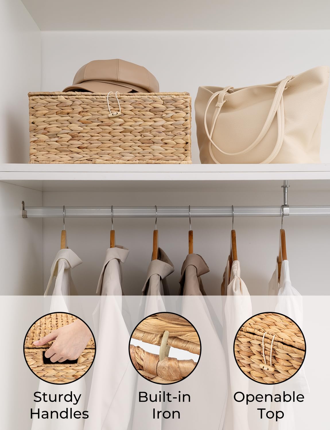 Storageworks Water Hyacinth Wicker Baskets For Organizing, Medium Wicker Basket With Lid, Decorative Basket With Built-In Handle