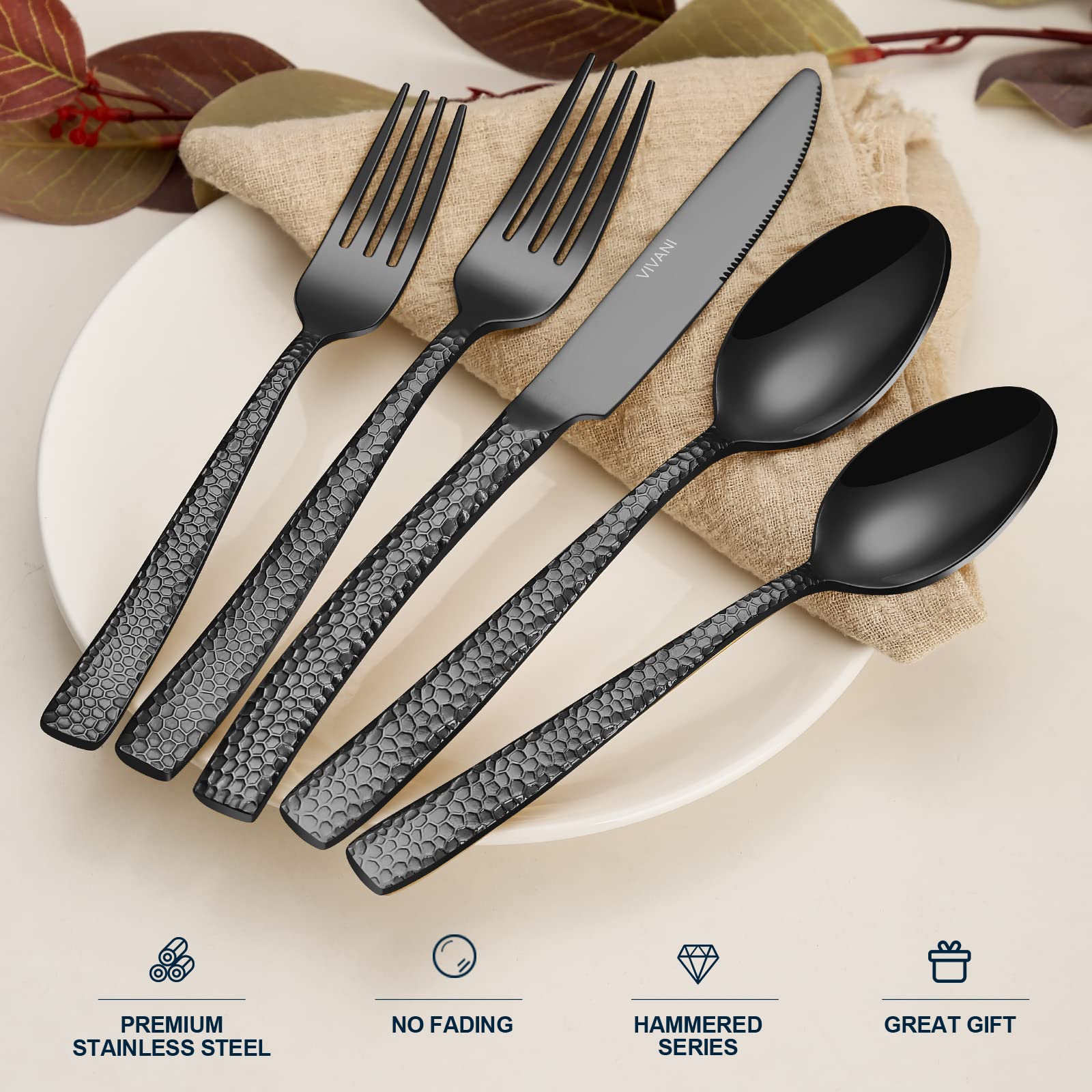 Vivani Theoson 20-Piece Black Heavy Silverware Set For 4, Thicken Stainless Steel Utensils Set, Hammered Cutlery Flatware Set Fo
